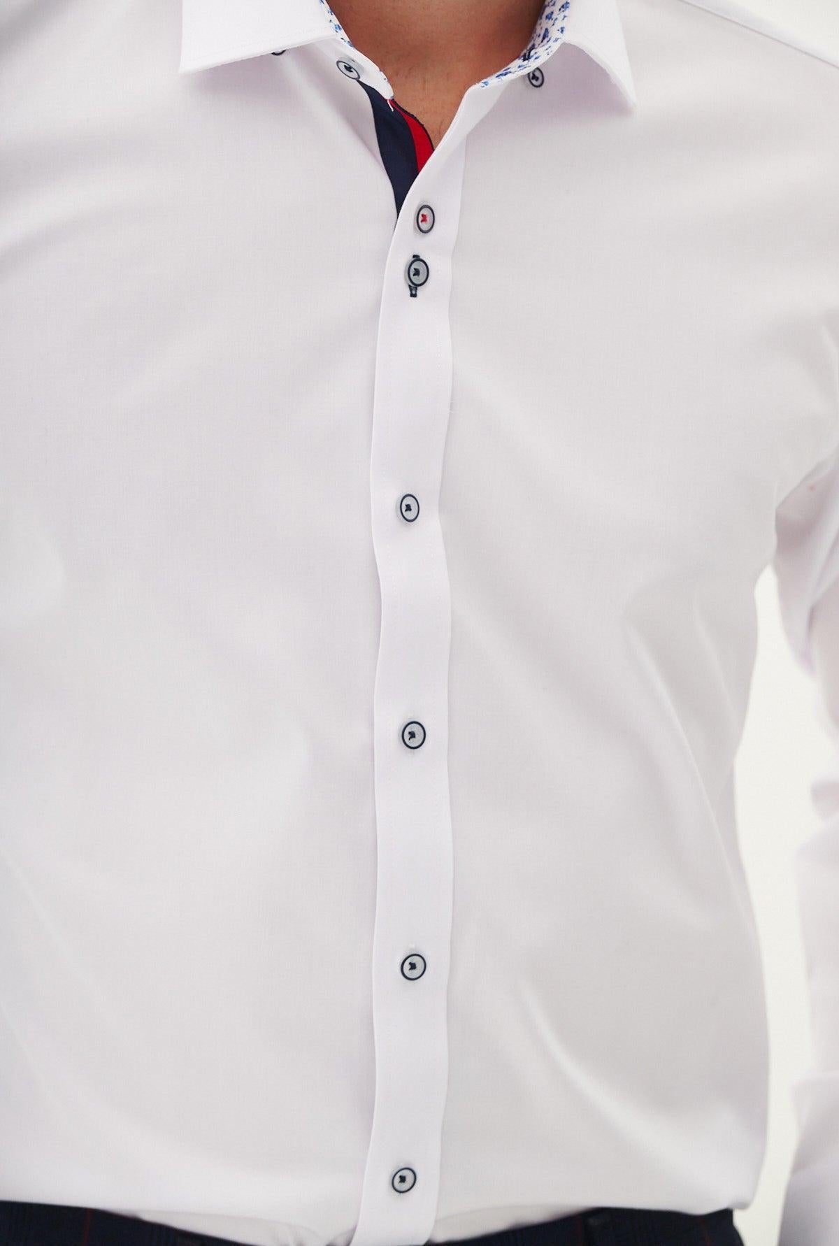 Close-up of the LUKE White Long Sleeve Shirt by Marc Darcy, perfect for the office with floral collar lining and dark buttons.