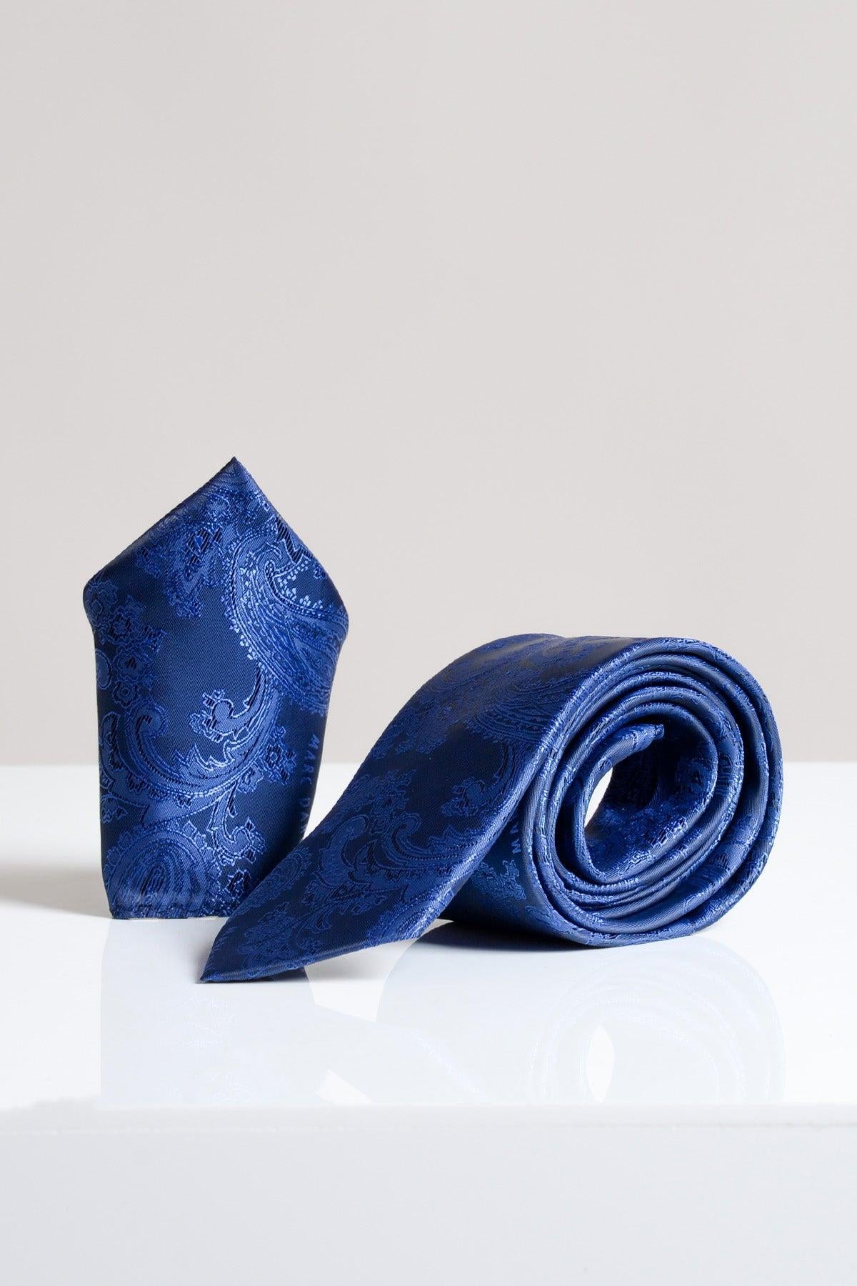 The Accessory MD PAISLEY - Midnight Navy Paisley Tie and Pocket Square Set, essential men's accessories, are displayed elegantly on a white surface.