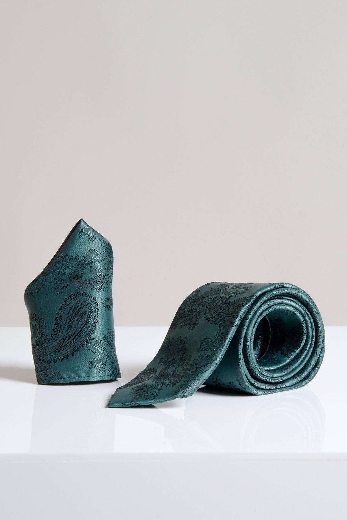 The Accessory MD PAISLEY Bottle Green Paisley Tie and Pocket Square Set, a stylish men's accessory duo, is showcased on a white surface with a light gray background.