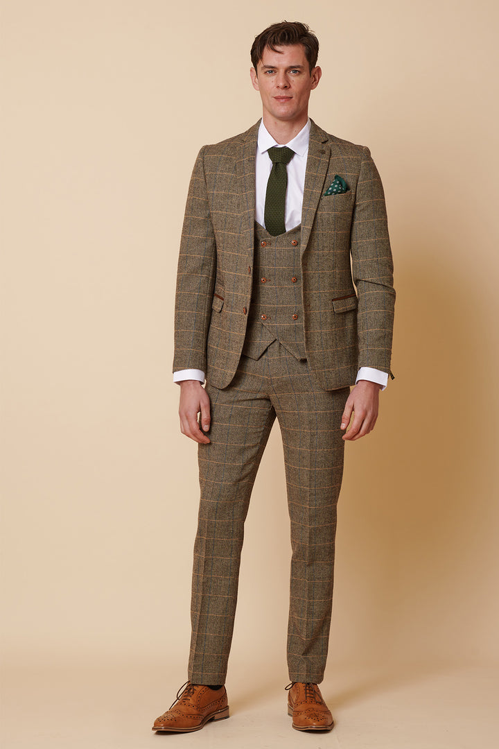 TED - Tan Tweed Check Three Piece Suit with Double Breasted Waistcoat