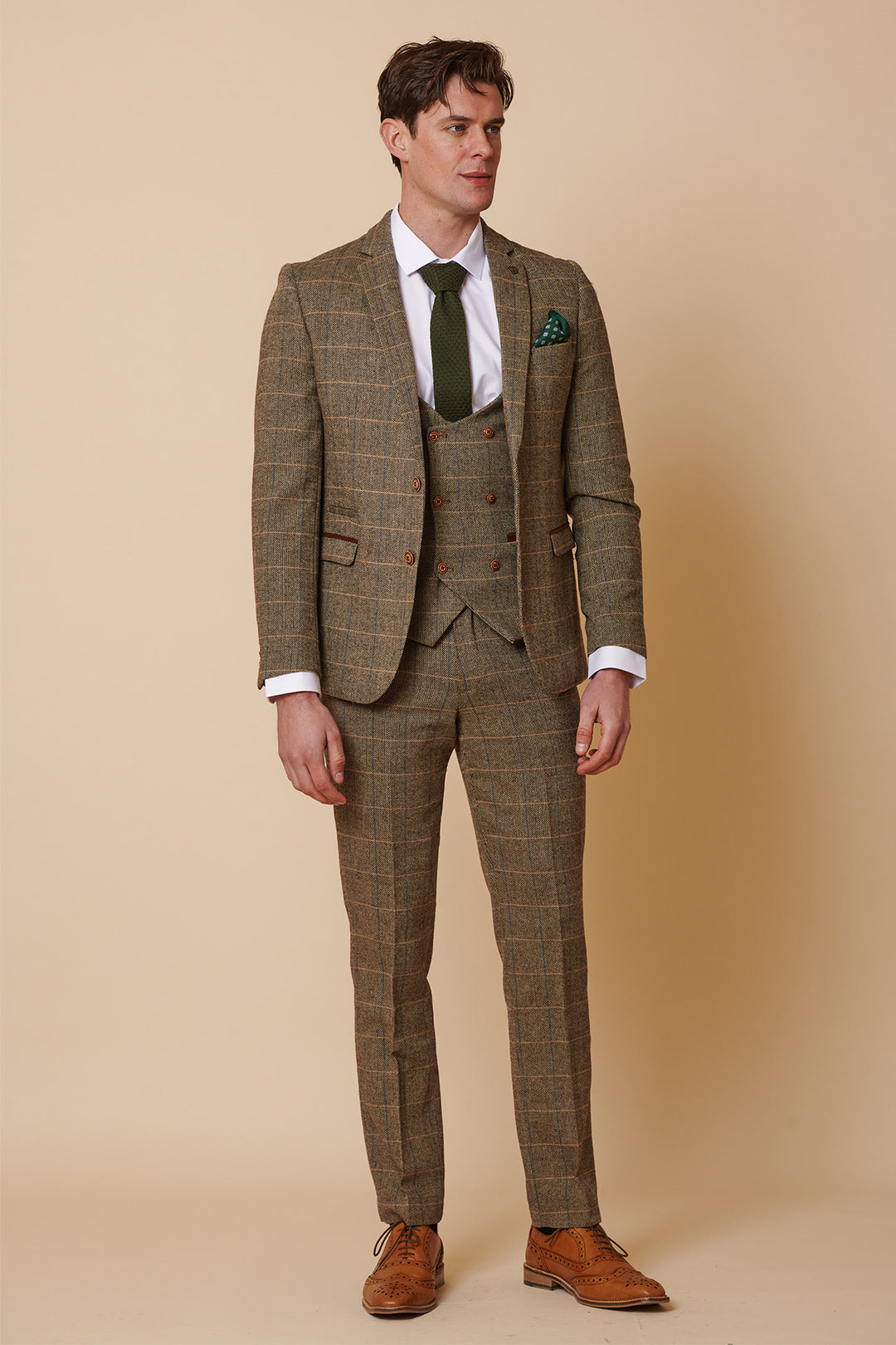 TED - Tan Tweed Check Three Piece Suit with Double Breasted Waistcoat