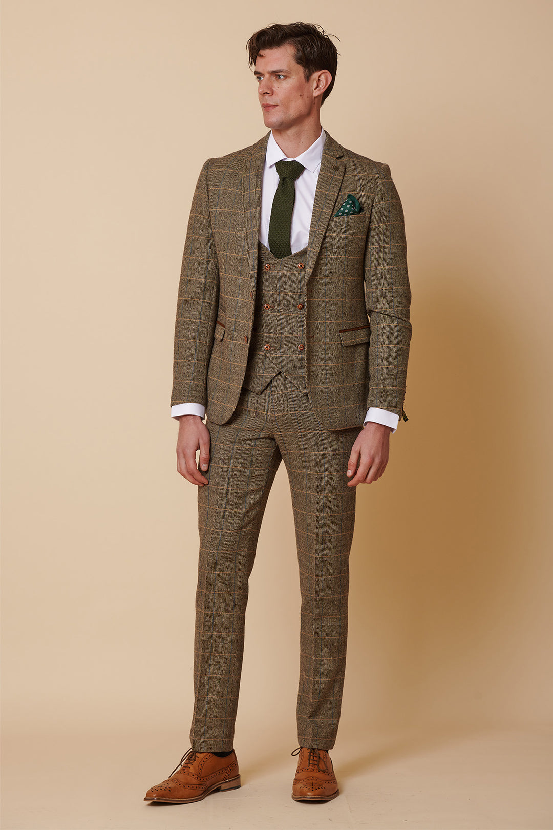 TED - Tan Tweed Check Three Piece Suit with Double Breasted Waistcoat