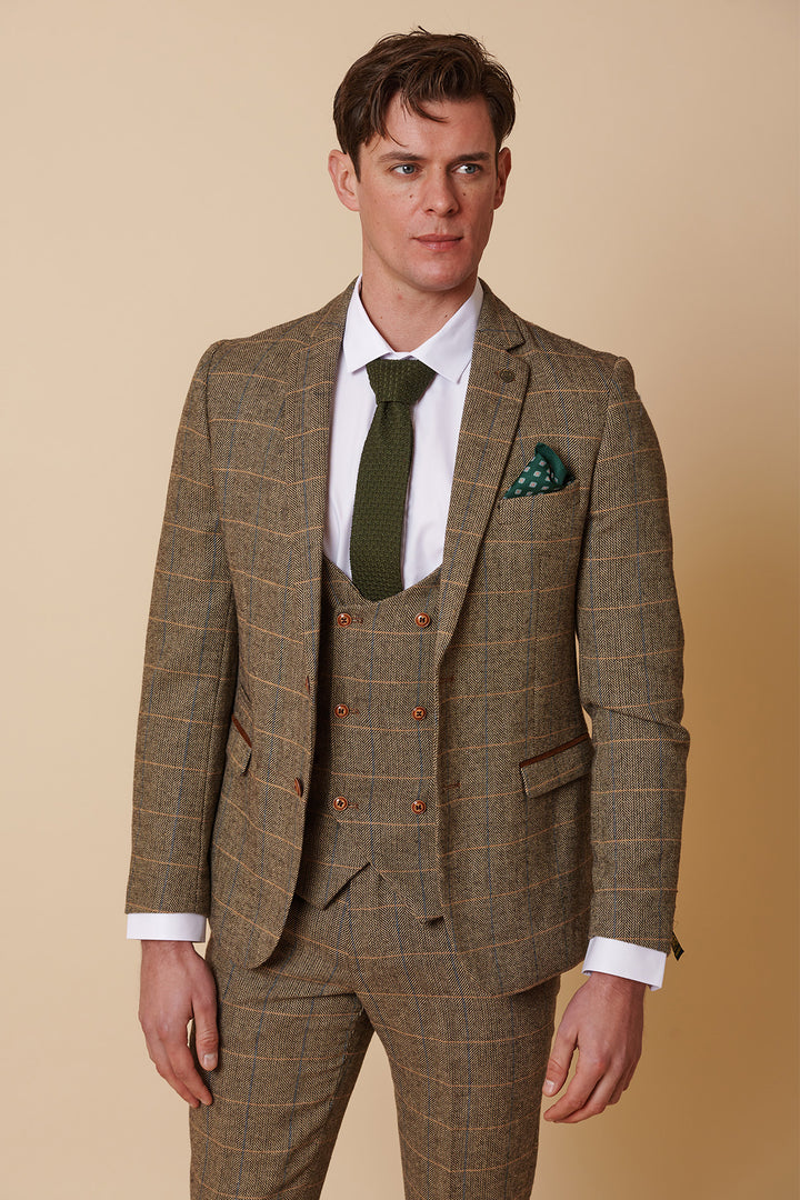 TED - Tan Tweed Check Three Piece Suit with Double Breasted Waistcoat