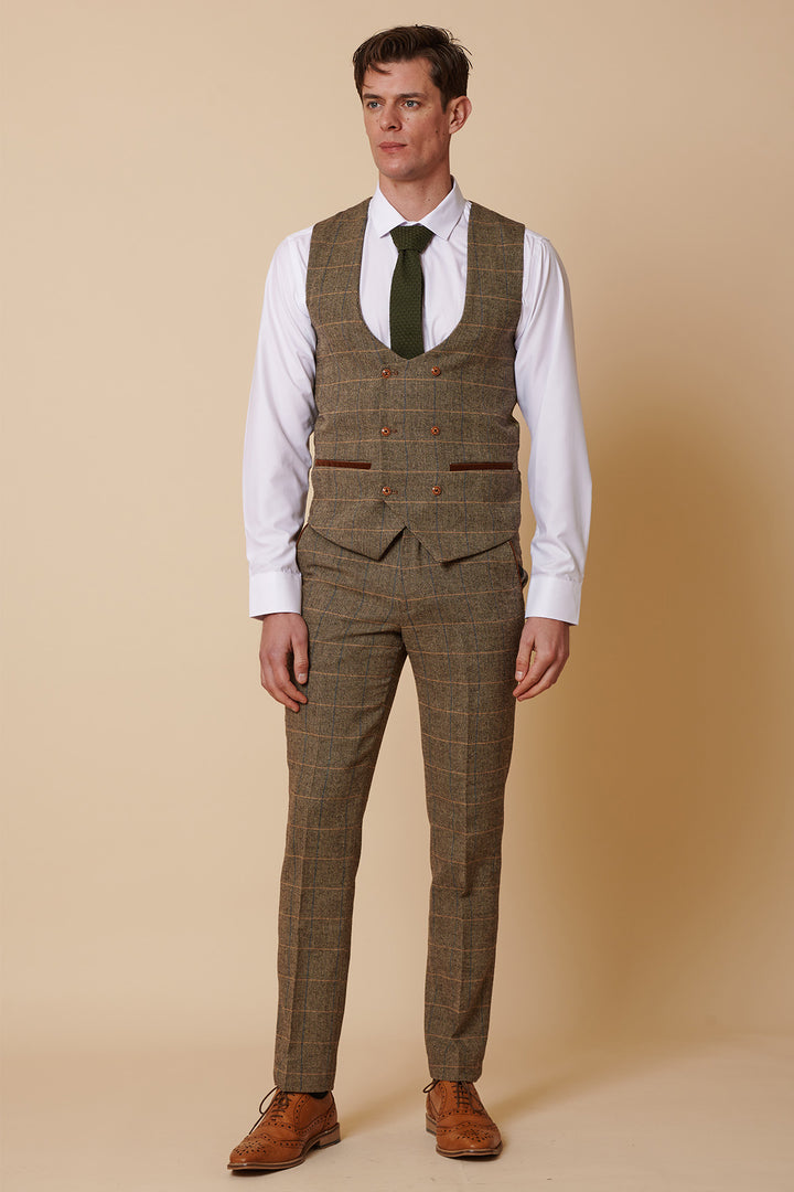 TED - Tan Tweed Check Three Piece Suit with Double Breasted Waistcoat