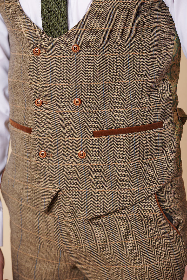 TED - Tan Tweed Check Three Piece Suit with Double Breasted Waistcoat