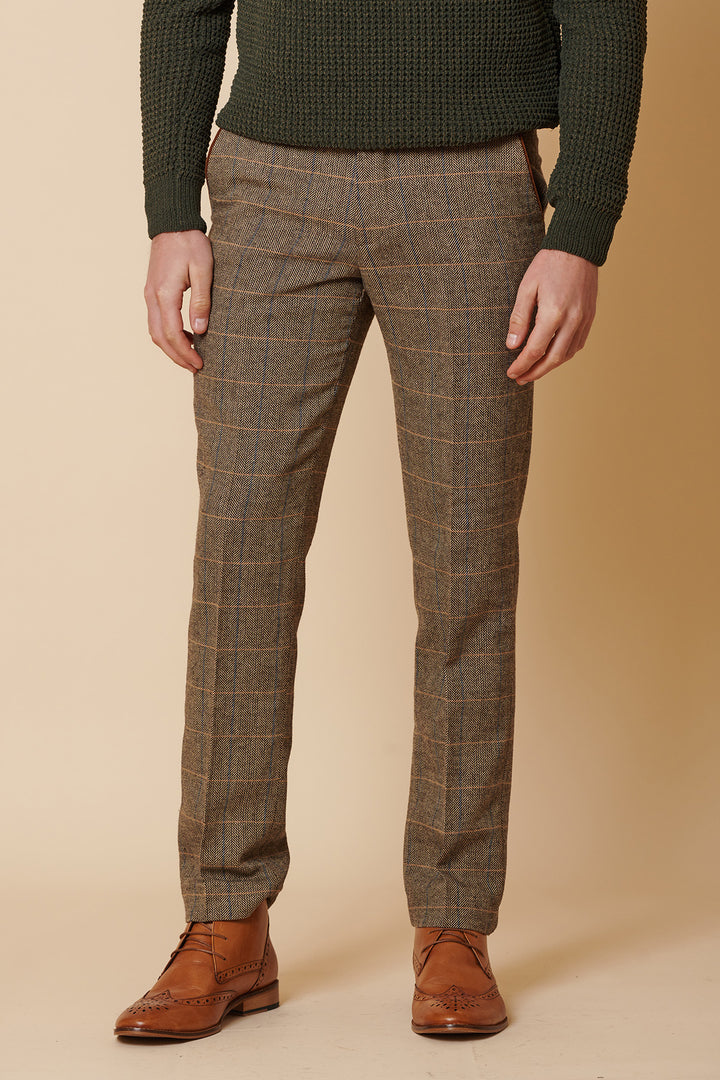 TED - Tan Tweed Check Three Piece Suit with Double Breasted Waistcoat