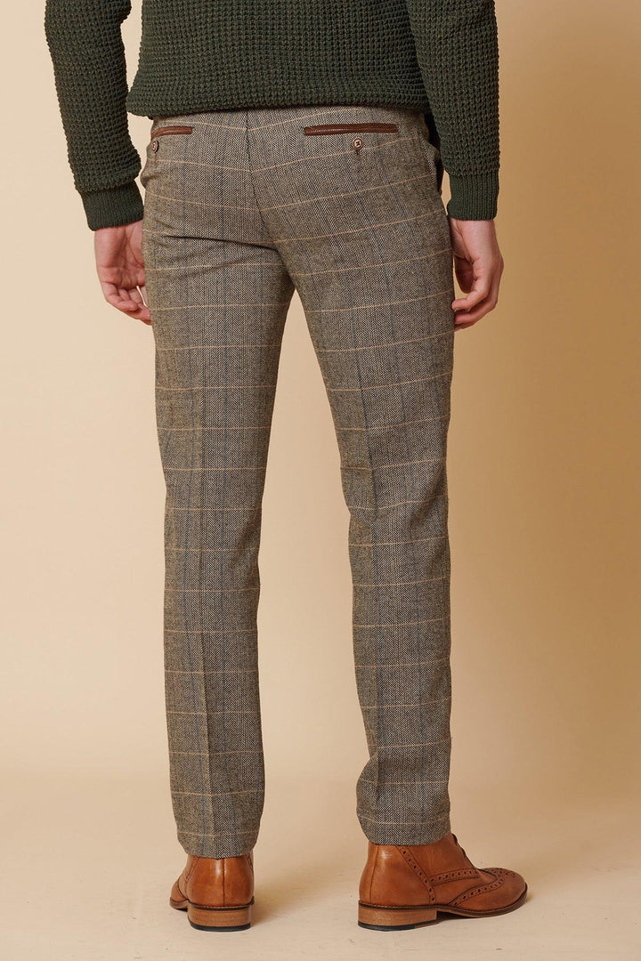 A person is shown from the back against a beige background, wearing the marcdarcy DX7 - Tan Tweed Check Two Piece Suit.