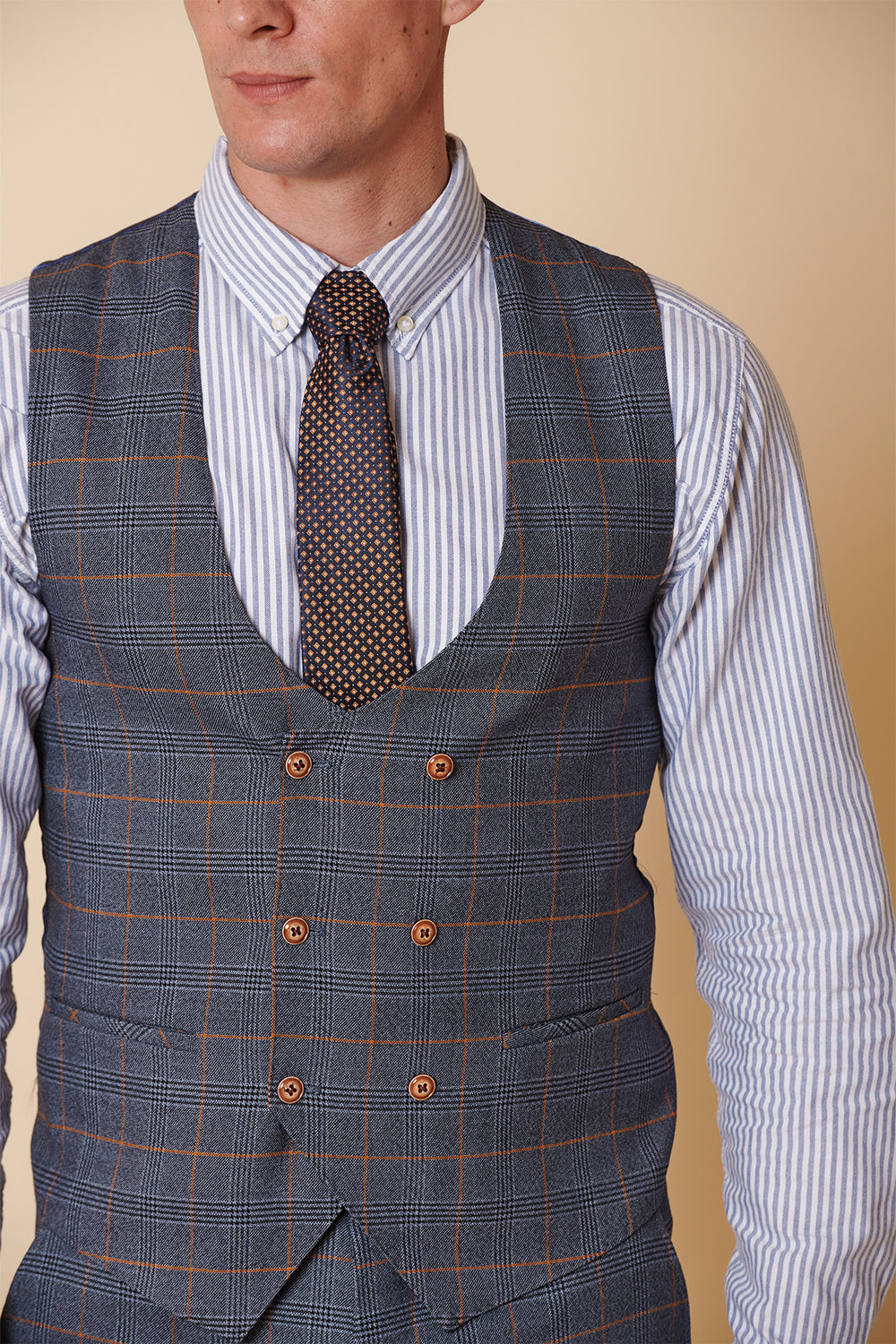 JENSON - Sky Blue Check Double Breasted Waistcoat