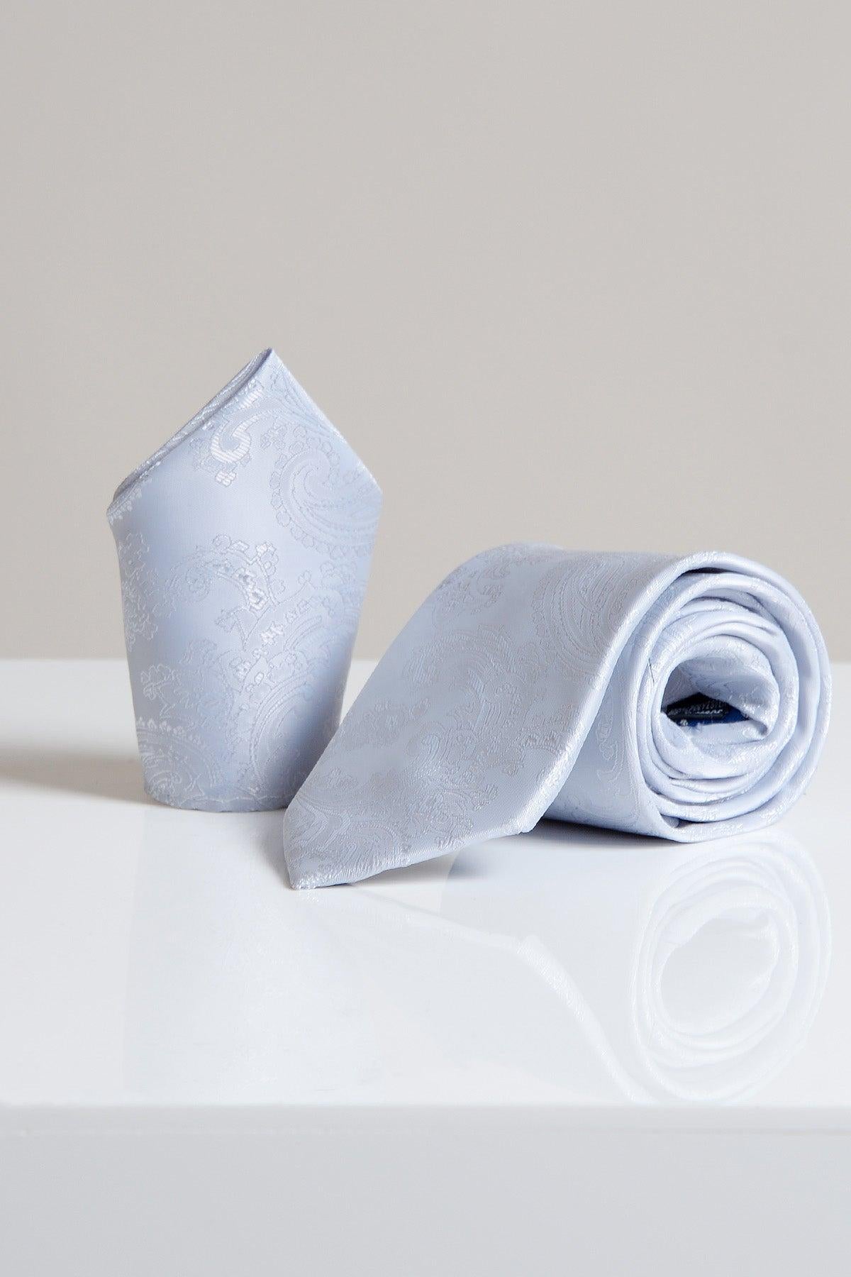 The Accessory MD PAISLEY Silver Paisley Tie and Pocket Square Set is displayed on a white surface with a light grey background.
