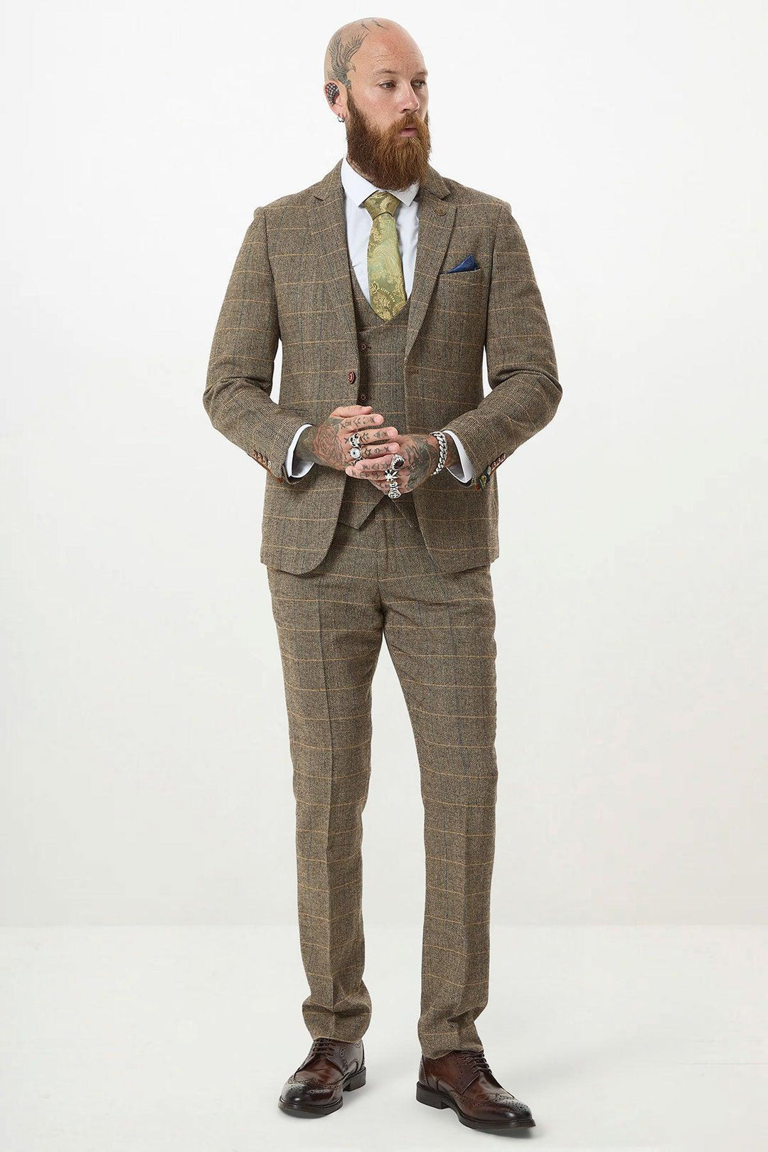 Tan Tweed Check Piece Suit Double Breasted Waistcoat – Marc Darcy