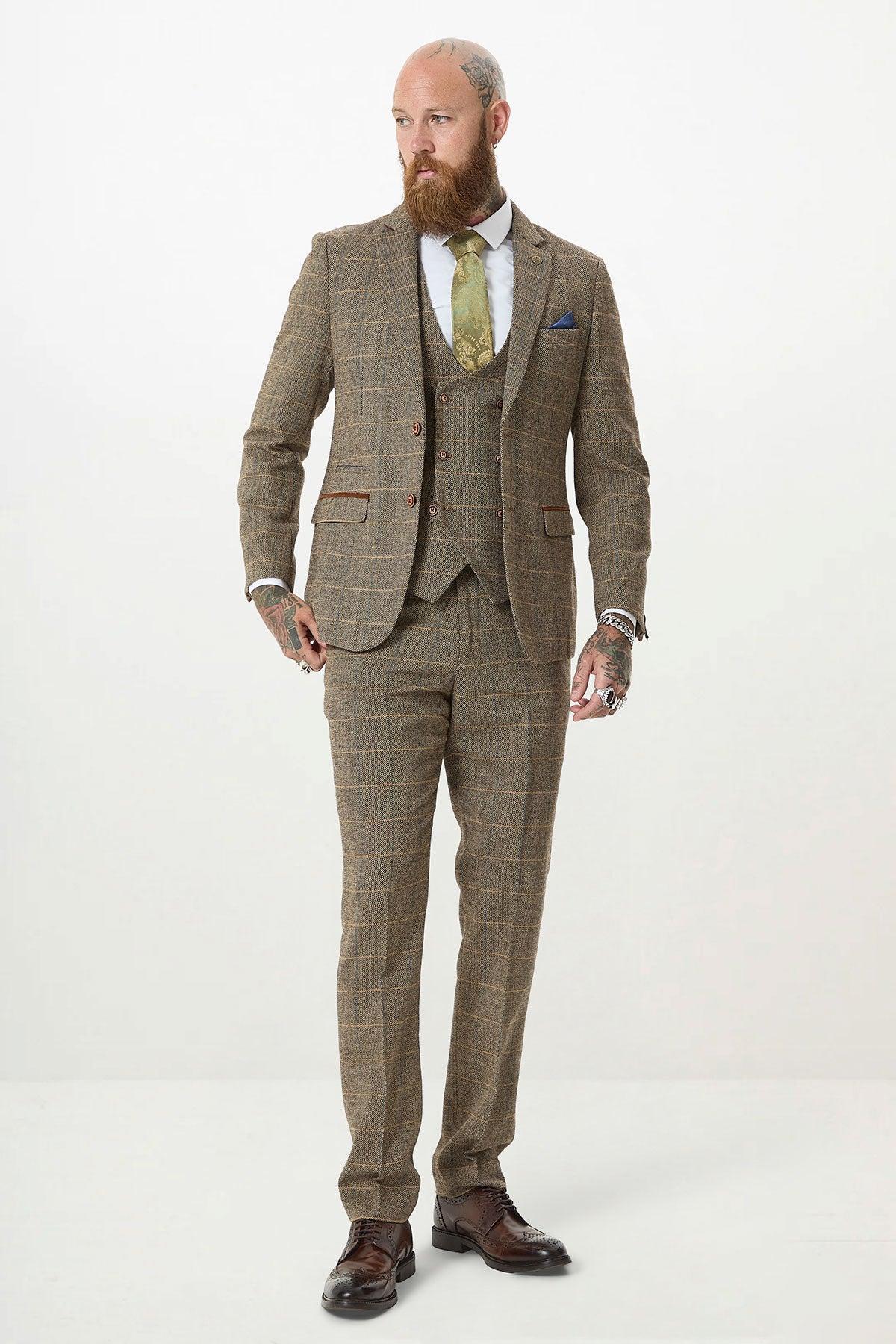 TED - Tan Tweed Check Three Piece Suit with Double Breasted Waistcoat