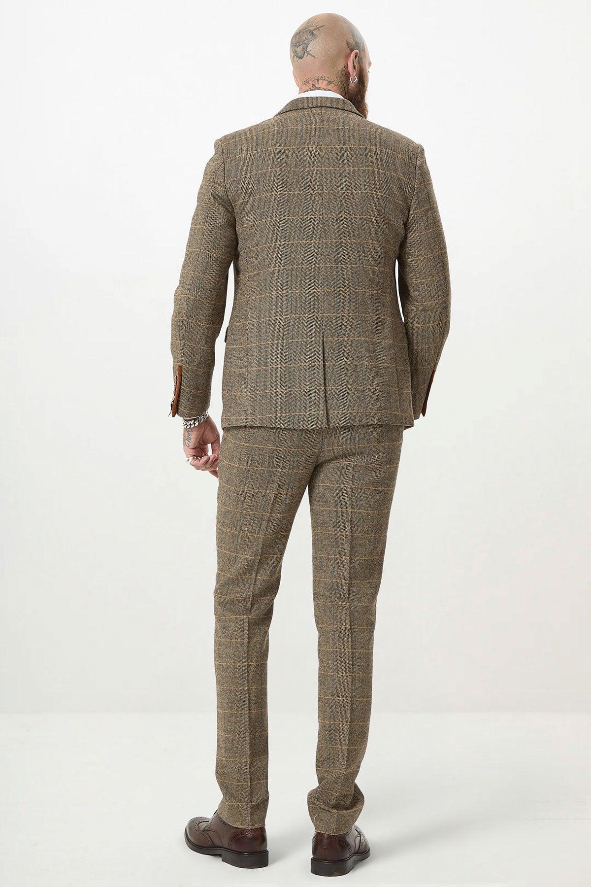 TED - Tan Tweed Check Three Piece Suit with Double Breasted Waistcoat
