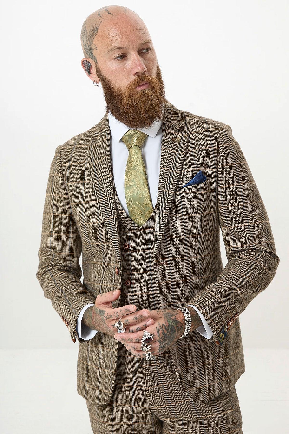 TED - Tan Tweed Check Three Piece Suit with Double Breasted Waistcoat
