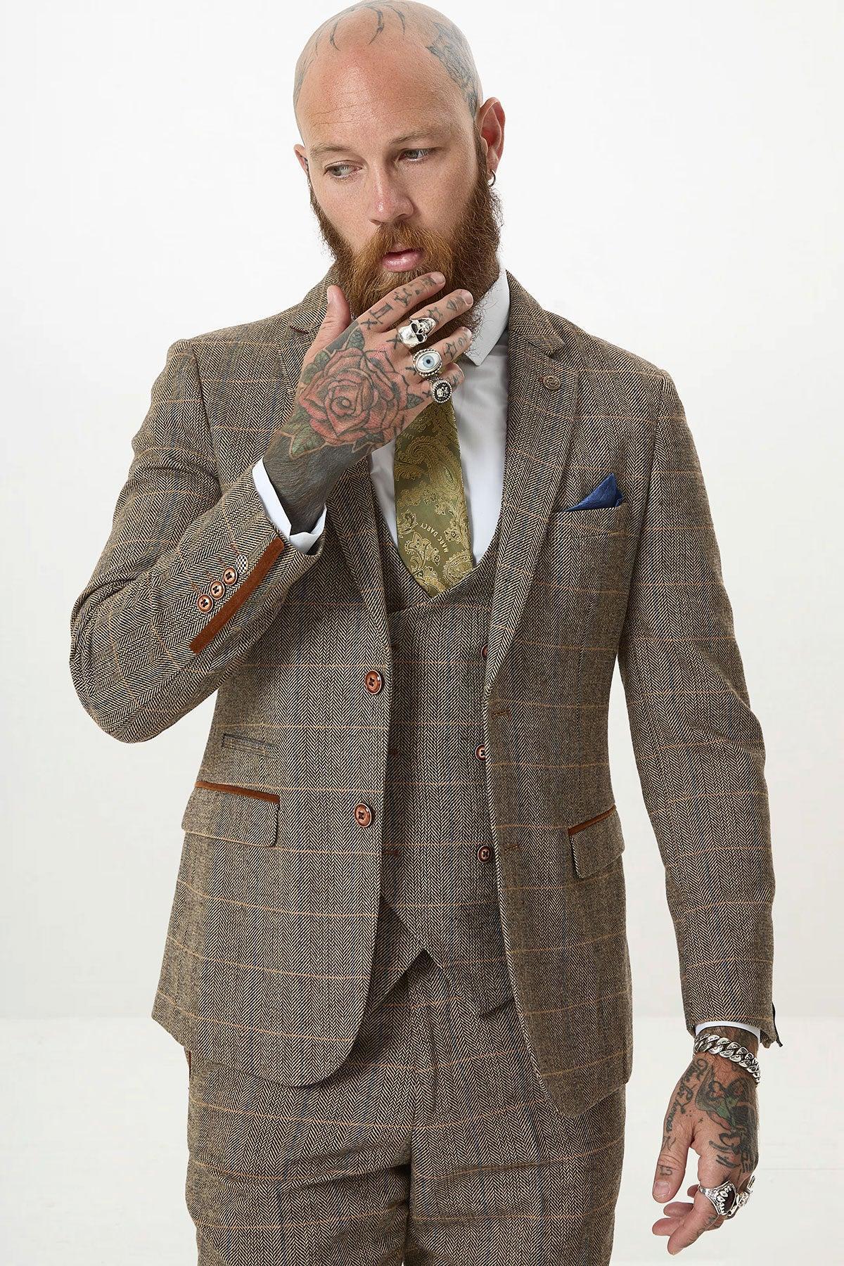 TED - Tan Tweed Check Three Piece Suit with Double Breasted Waistcoat