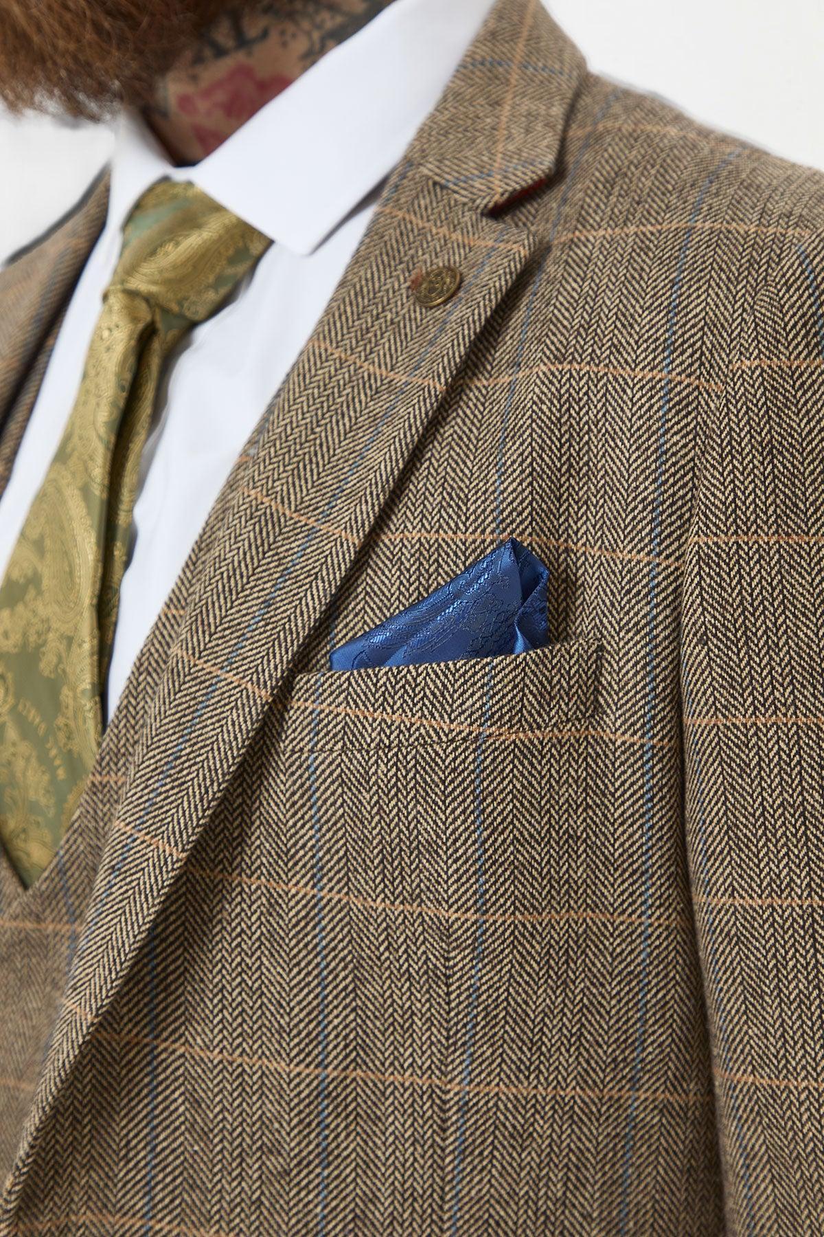 TED - Tan Tweed Check Three Piece Suit with Double Breasted Waistcoat