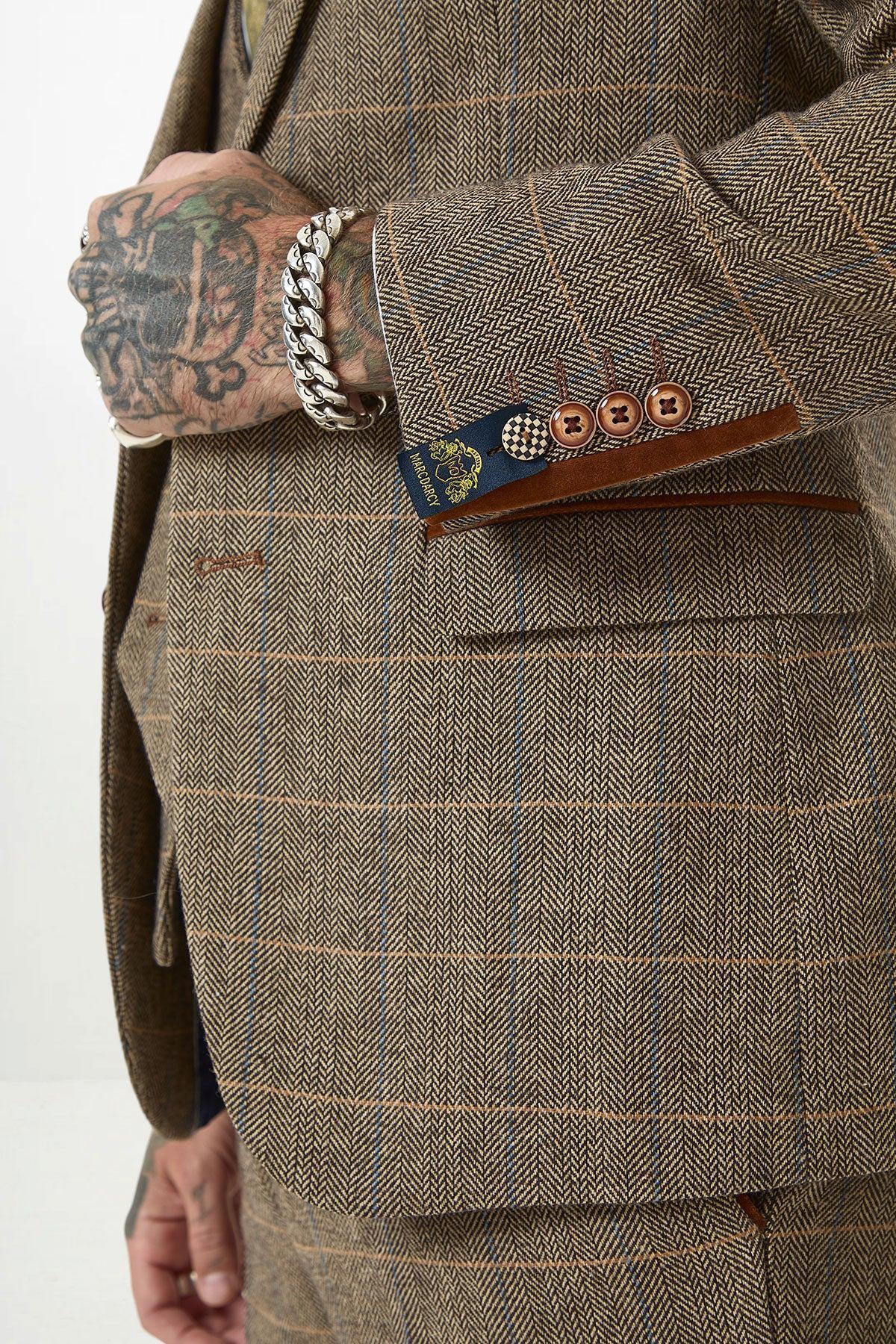 TED - Tan Tweed Check Three Piece Suit with Double Breasted Waistcoat