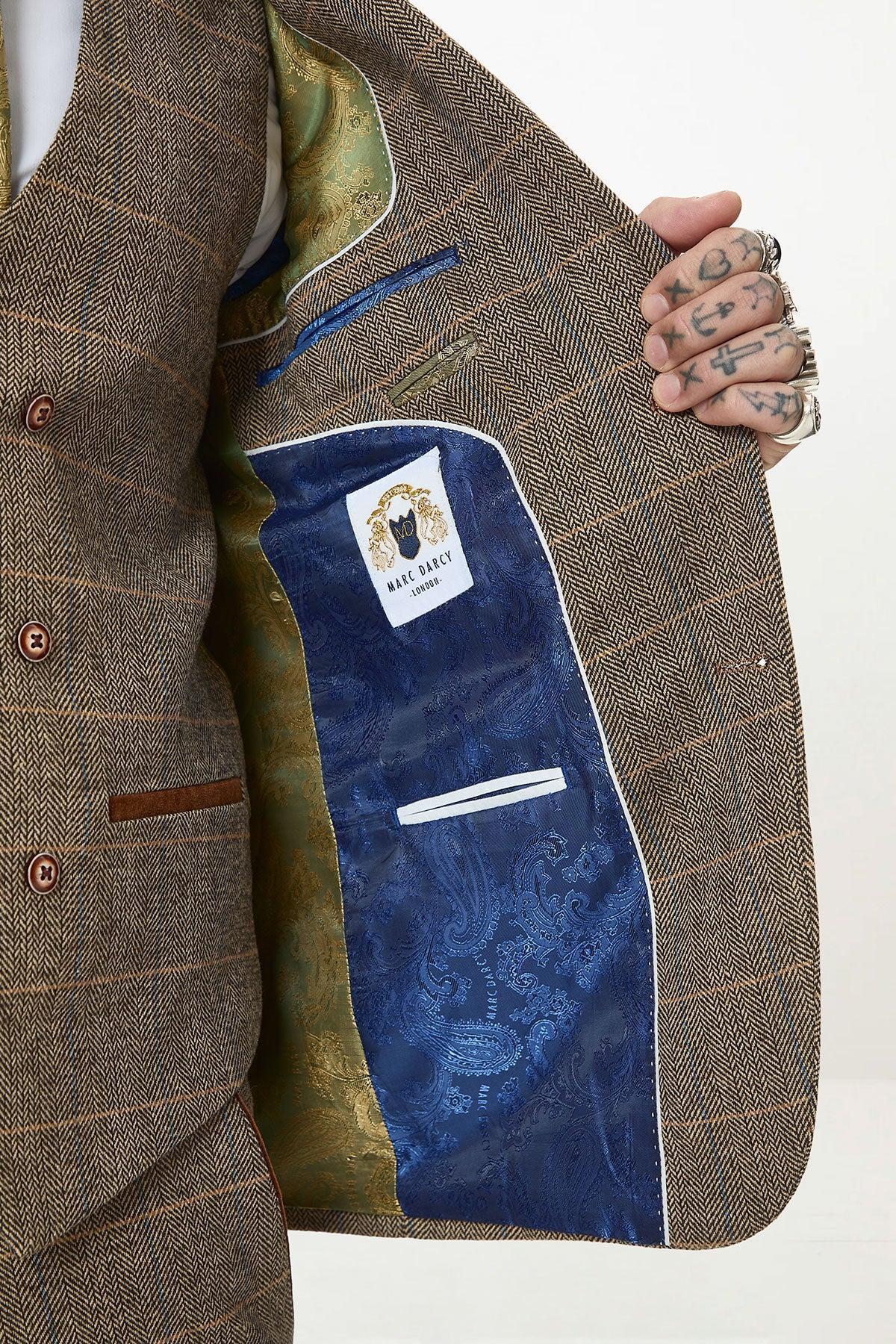 TED - Tan Tweed Check Three Piece Suit with Double Breasted Waistcoat