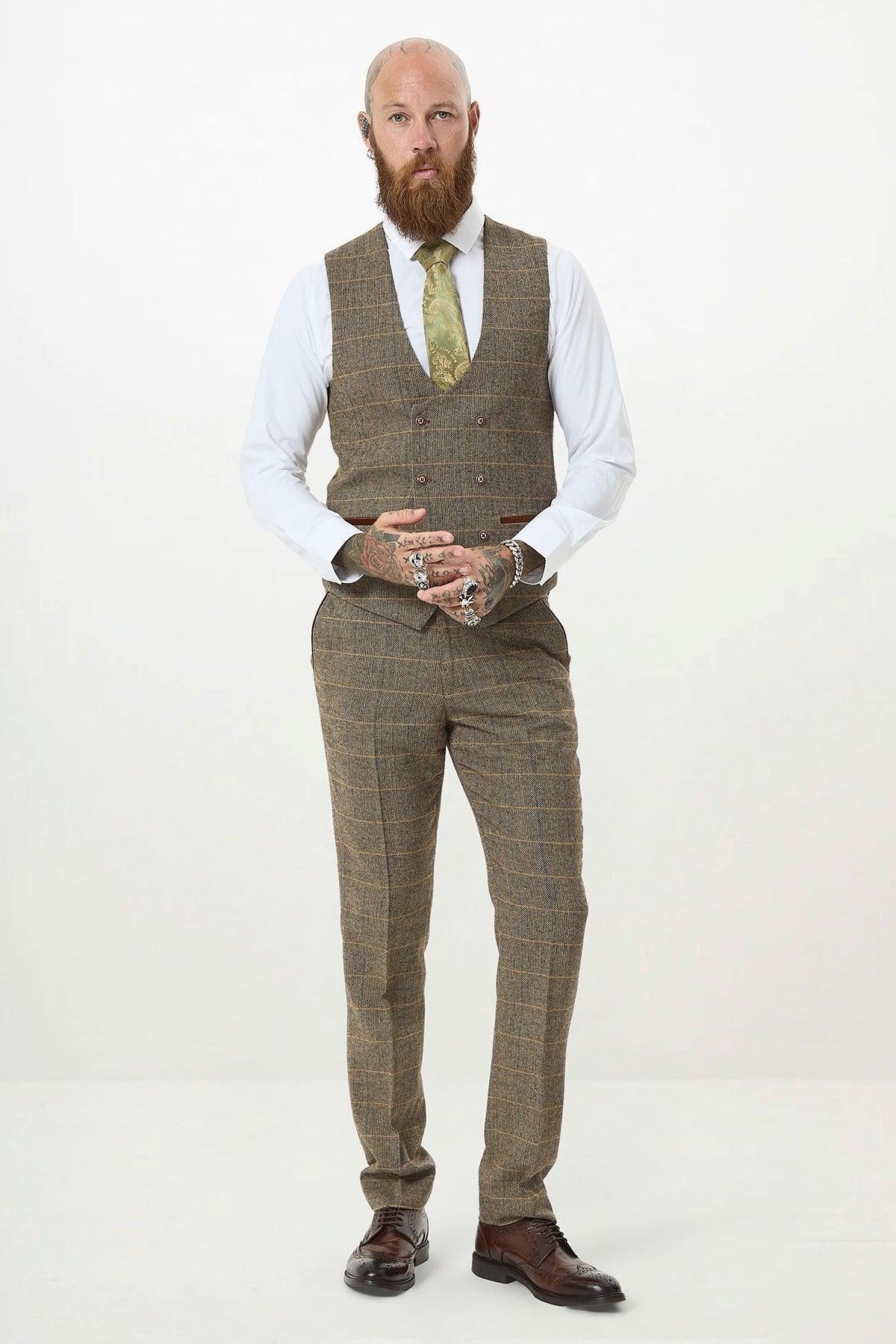 TED - Tan Tweed Check Three Piece Suit with Double Breasted Waistcoat