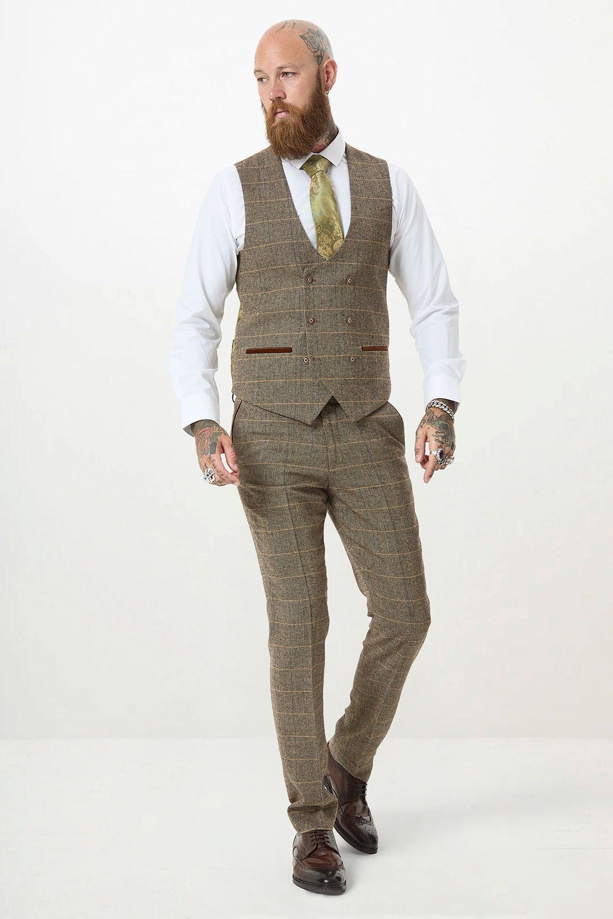 TED - Tan Tweed Check Three Piece Suit with Double Breasted Waistcoat