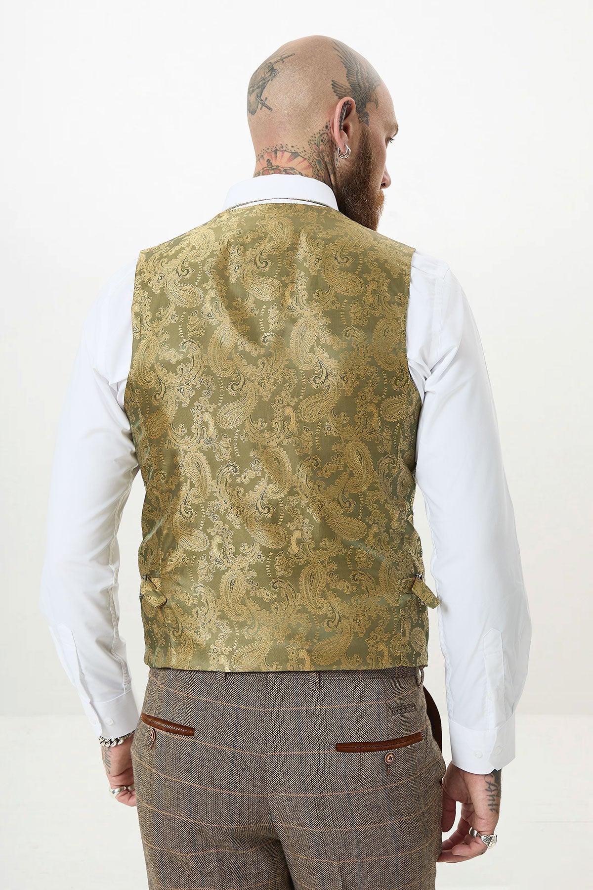 TED - Tan Tweed Check Three Piece Suit with Double Breasted Waistcoat