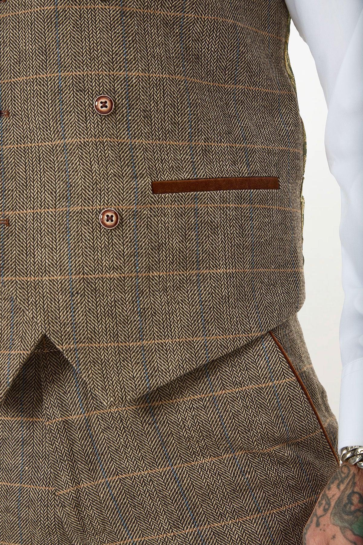 TED - Tan Tweed Check Three Piece Suit with Double Breasted Waistcoat