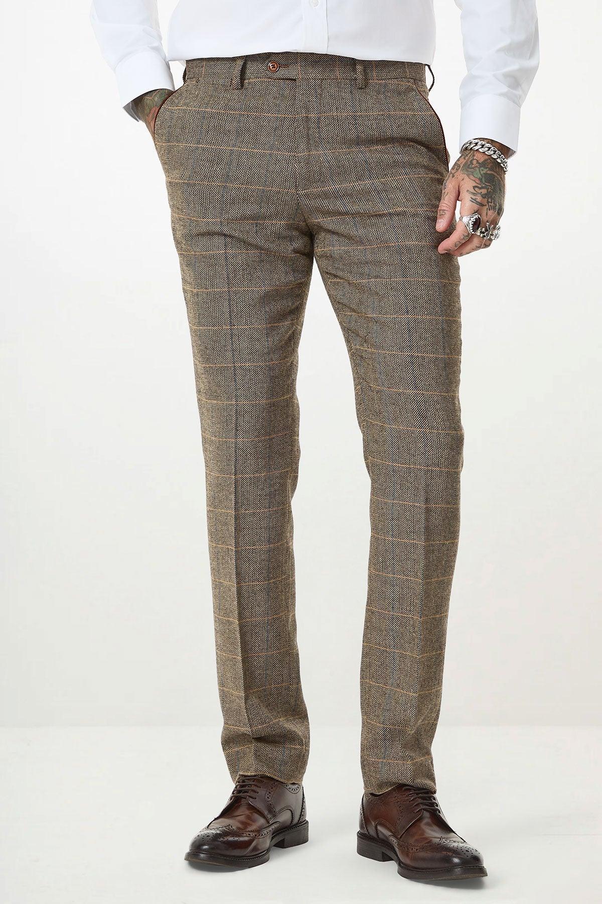 TED - Tan Tweed Check Three Piece Suit with Double Breasted Waistcoat