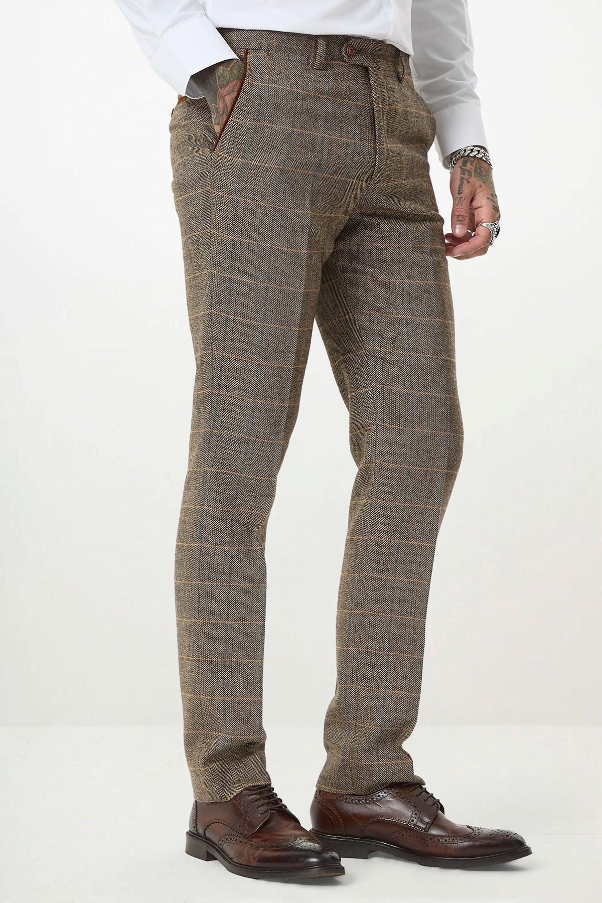 TED - Tan Tweed Check Three Piece Suit with Double Breasted Waistcoat