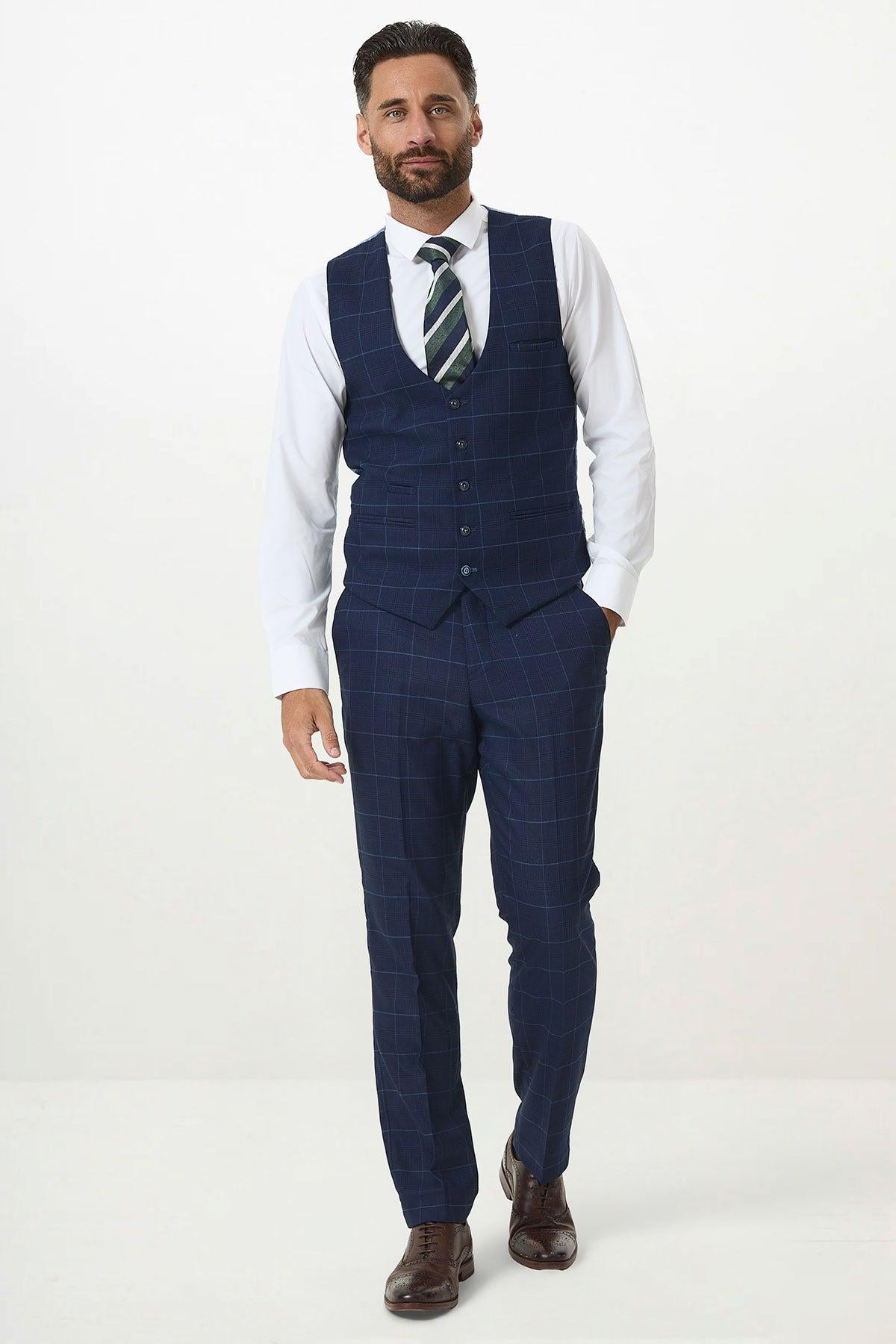 EDINSON - Navy Sky Check Single Breasted Waistcoat