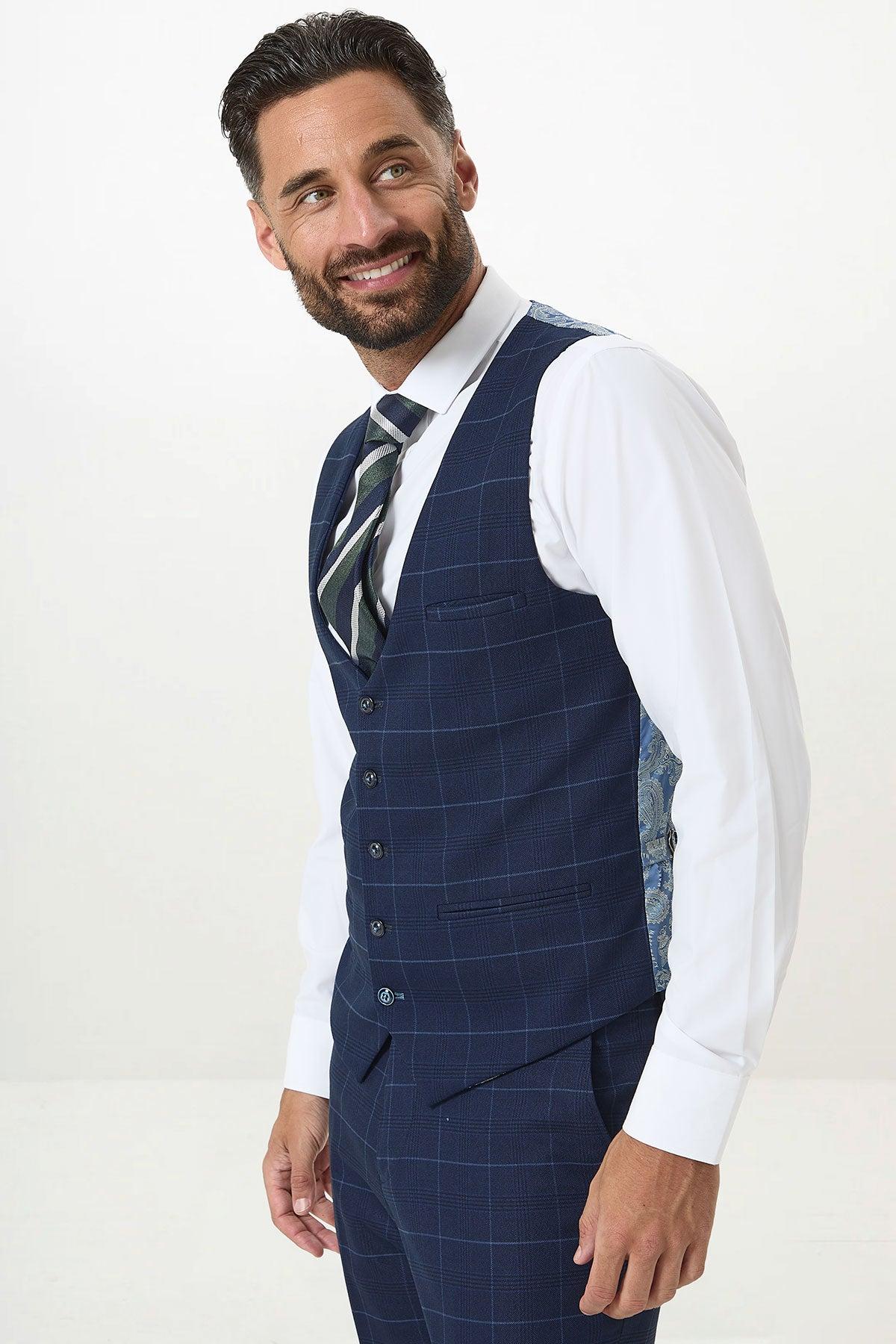 EDINSON - Navy Sky Check Single Breasted Waistcoat