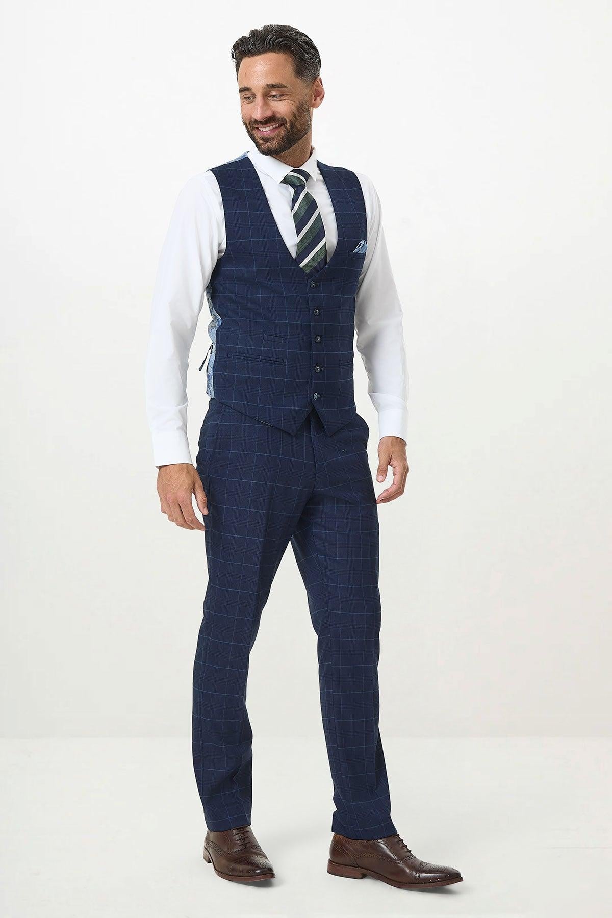 EDINSON - Navy Sky Check Single Breasted Waistcoat