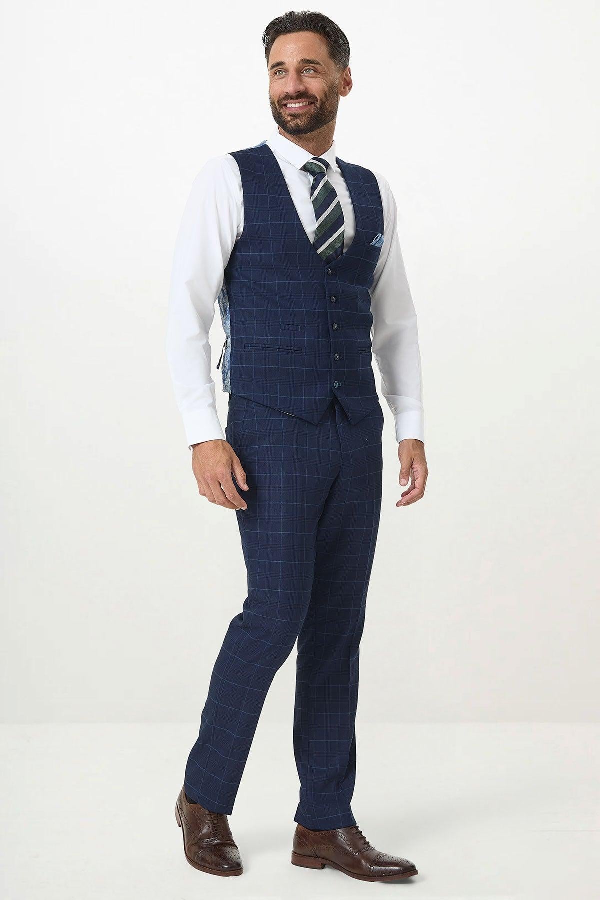 EDINSON - Navy Sky Check Single Breasted Waistcoat