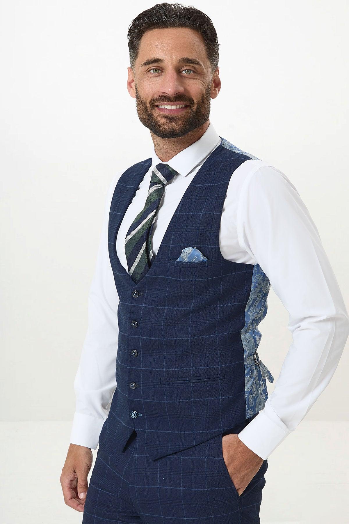 EDINSON - Navy Sky Check Single Breasted Waistcoat