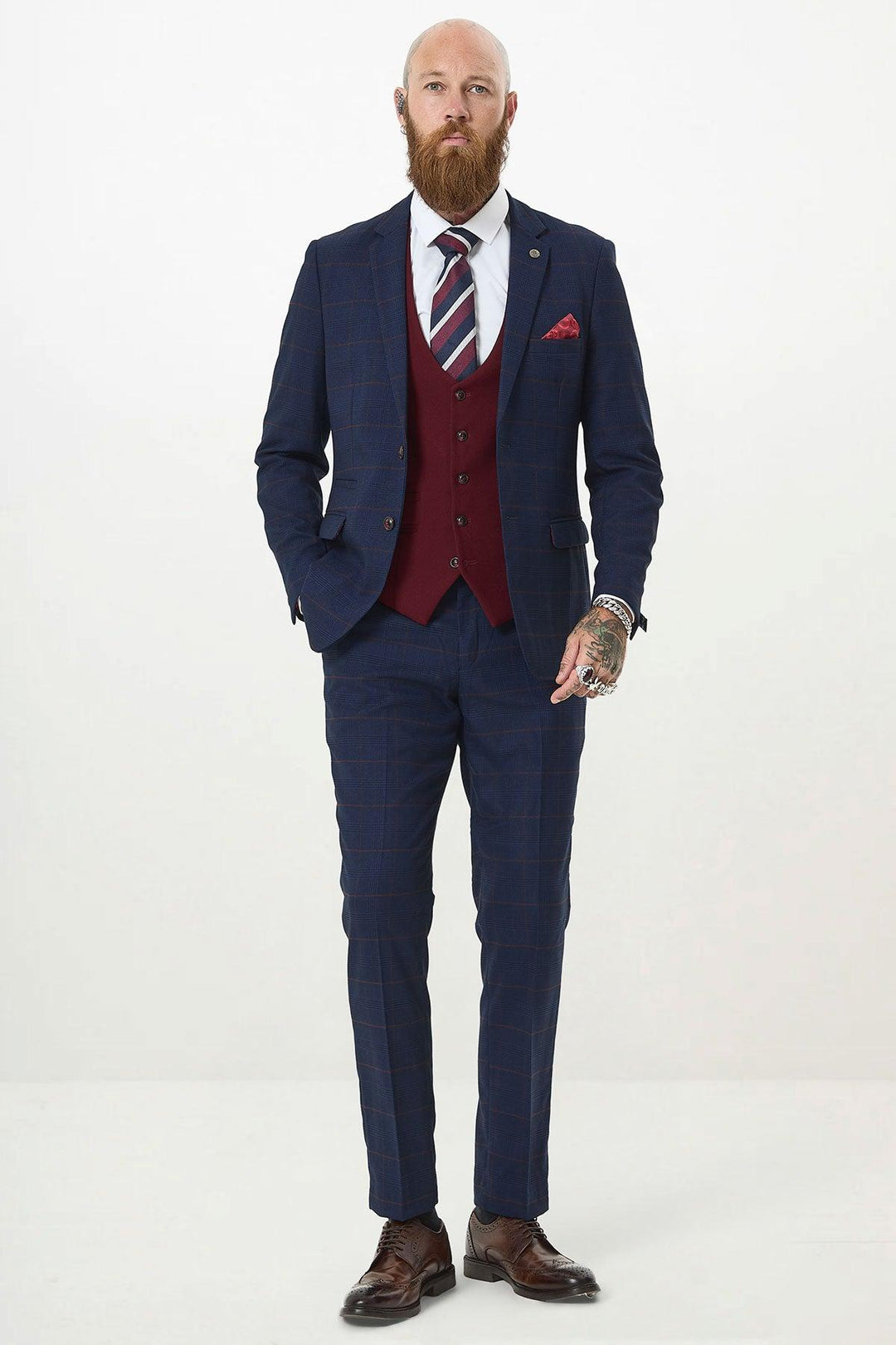 EDINSON - Navy Check Suit with Kelvin Wine Waistcoat Marc Darcy EDINSON - Navy Check Suit with Kelvin Wine Waistcoat Marc Darcy