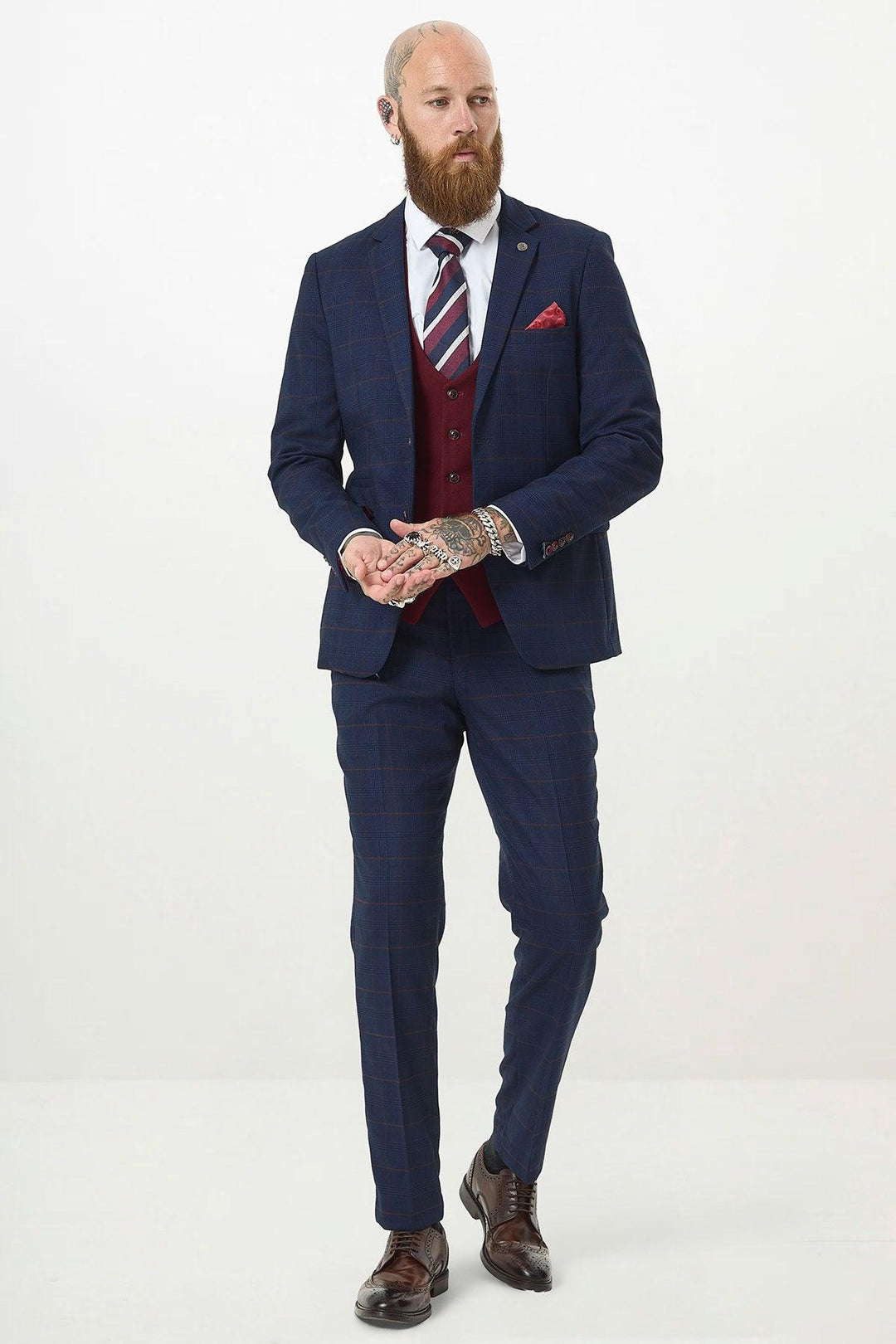 EDINSON - Navy Check Suit with Kelvin Wine Waistcoat Marc Darcy EDINSON - Navy Check Suit with Kelvin Wine Waistcoat Marc Darcy