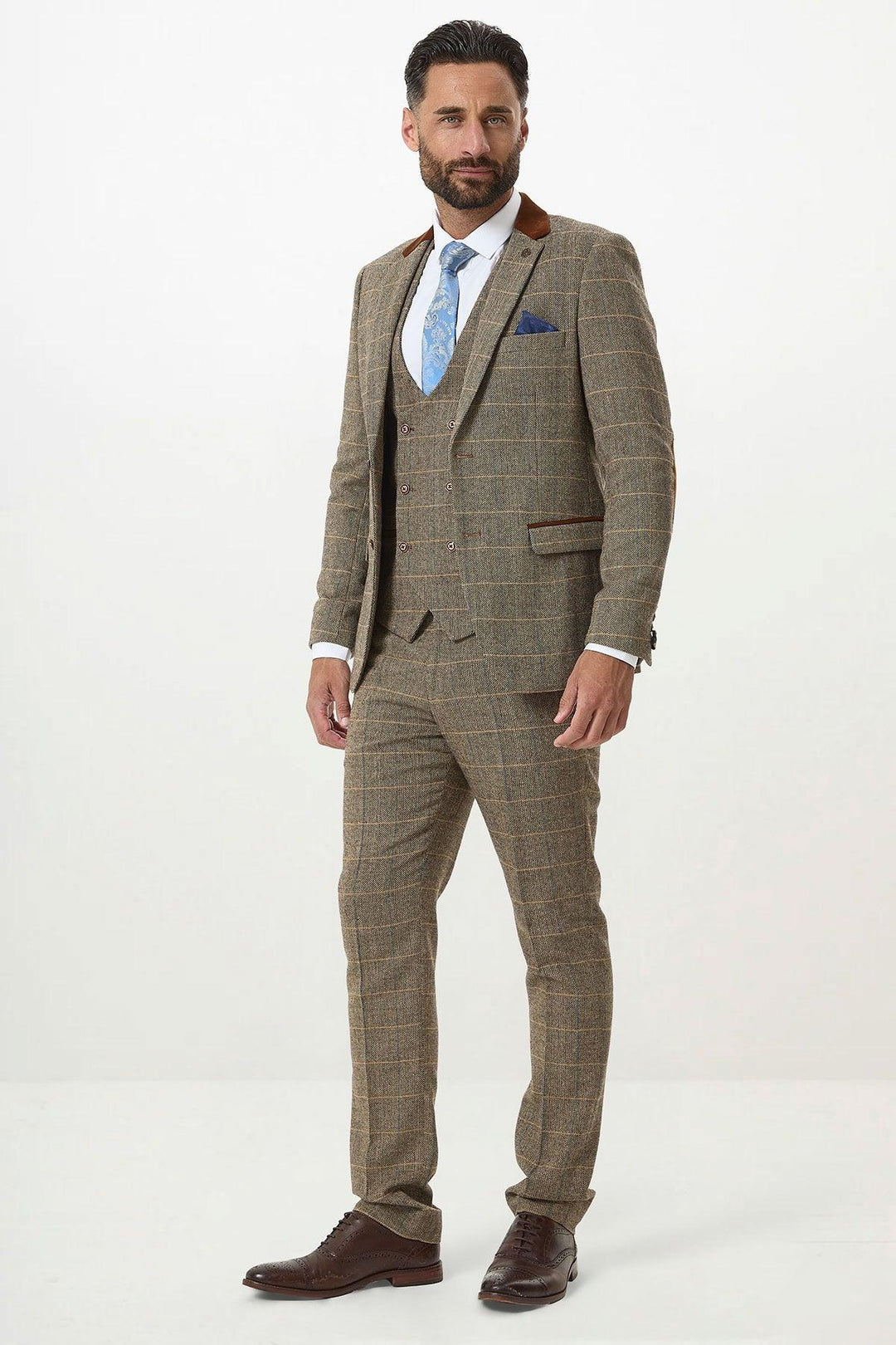 DX7 Tan Tweed Check Double Breasted Waistcoat – Marc Darcy
