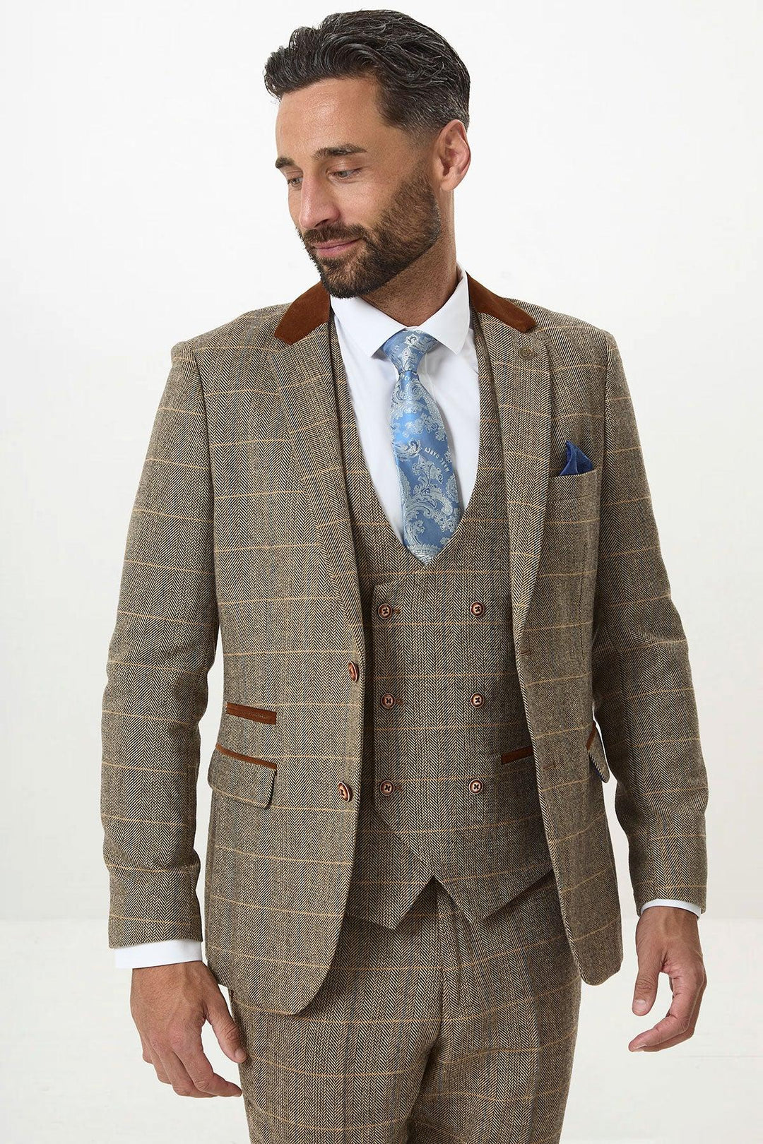 DX7 - Tan Tweed Check Three Piece Suit With Double Breasted Waistcoat