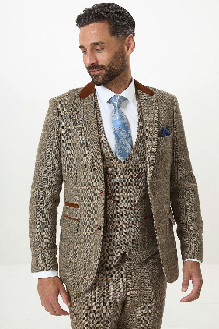 DX7 - Tan Tweed Check Three Piece Suit With Double Breasted Waistcoat