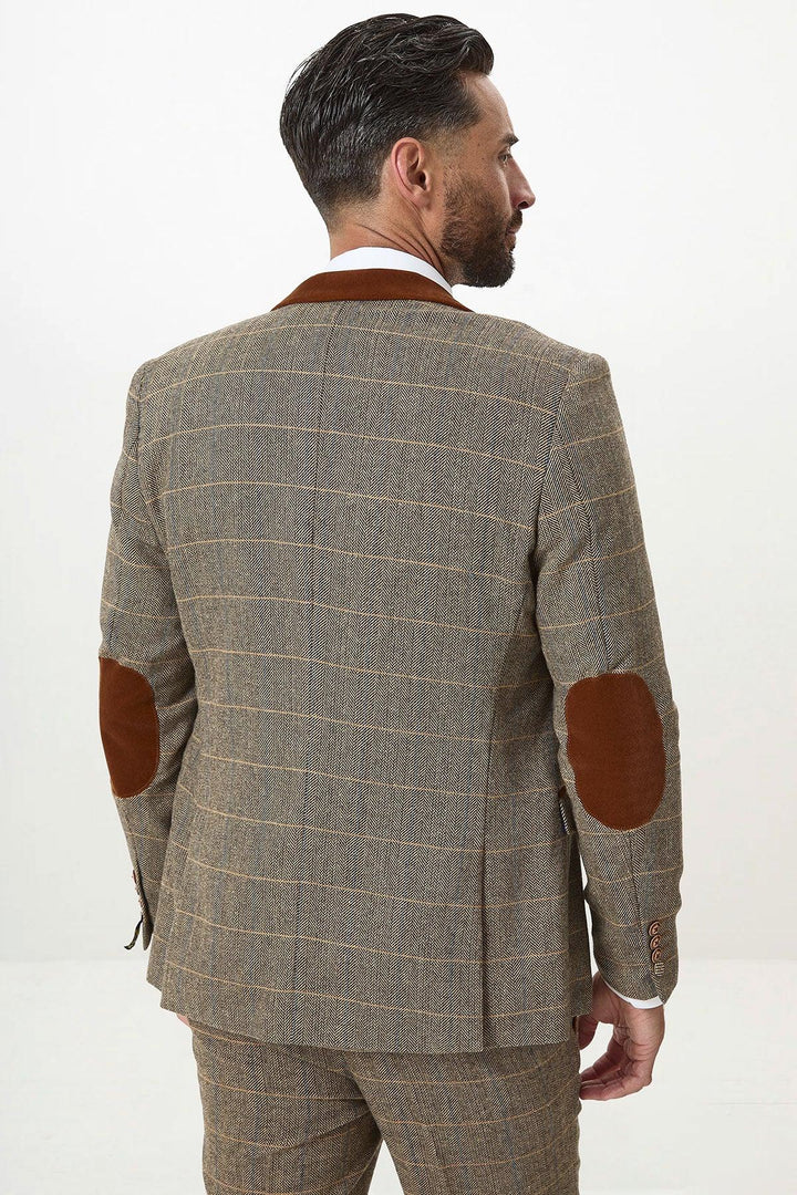 DX7 - Tan Tweed Check Three Piece Suit With Double Breasted Waistcoat