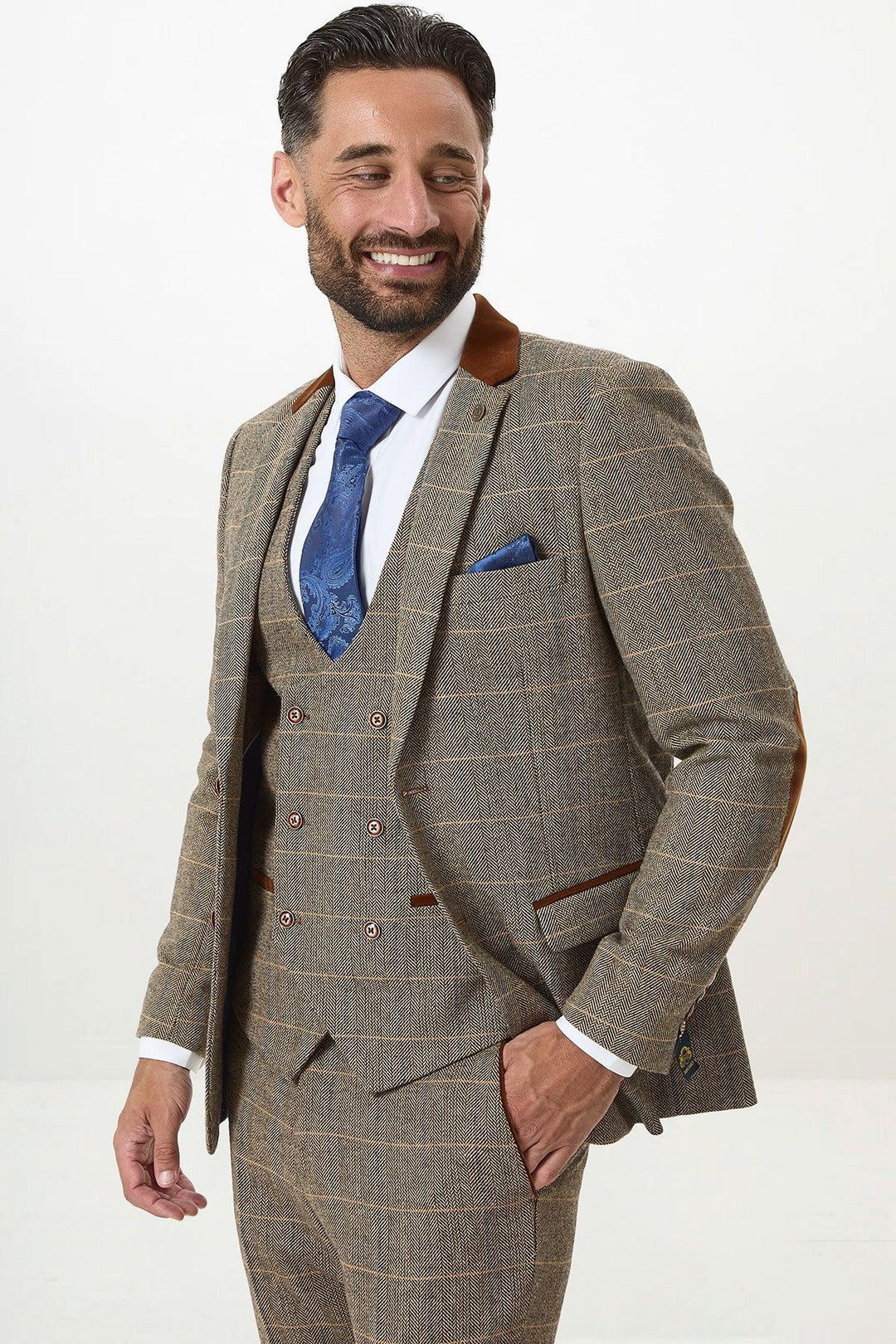 DX7 - Tan Tweed Check Three Piece Suit With Double Breasted Waistcoat