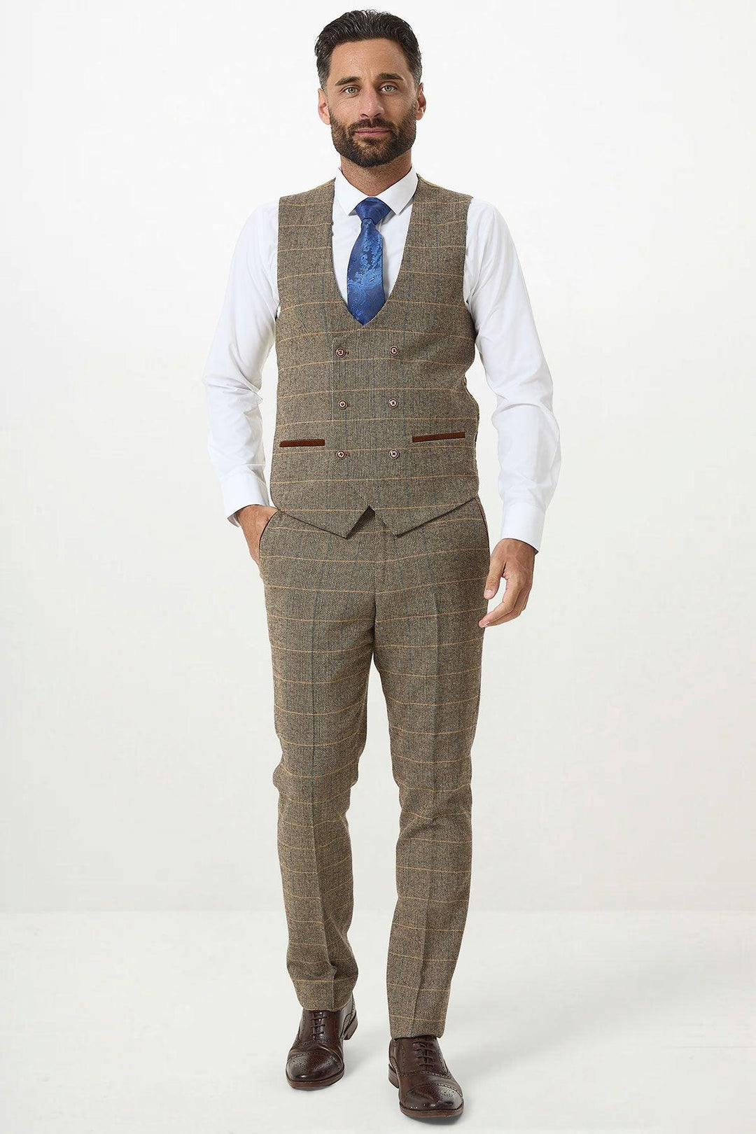 DX7 - Tan Tweed Check Three Piece Suit With Double Breasted Waistcoat