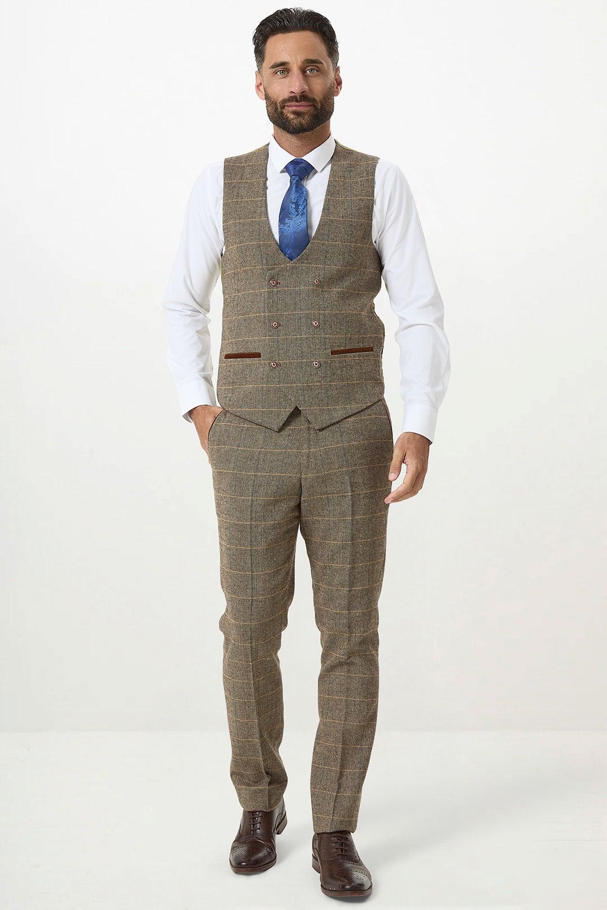 Man in a marcdarcy DX7 Tan Tweed Check Three Piece Suit with double breasted waistcoat—an ideal stylish choice for a country wedding.