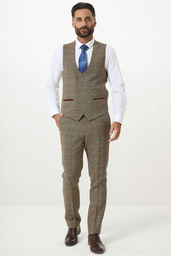 DX7 - Tan Tweed Check Three Piece Suit With Double Breasted Waistcoat