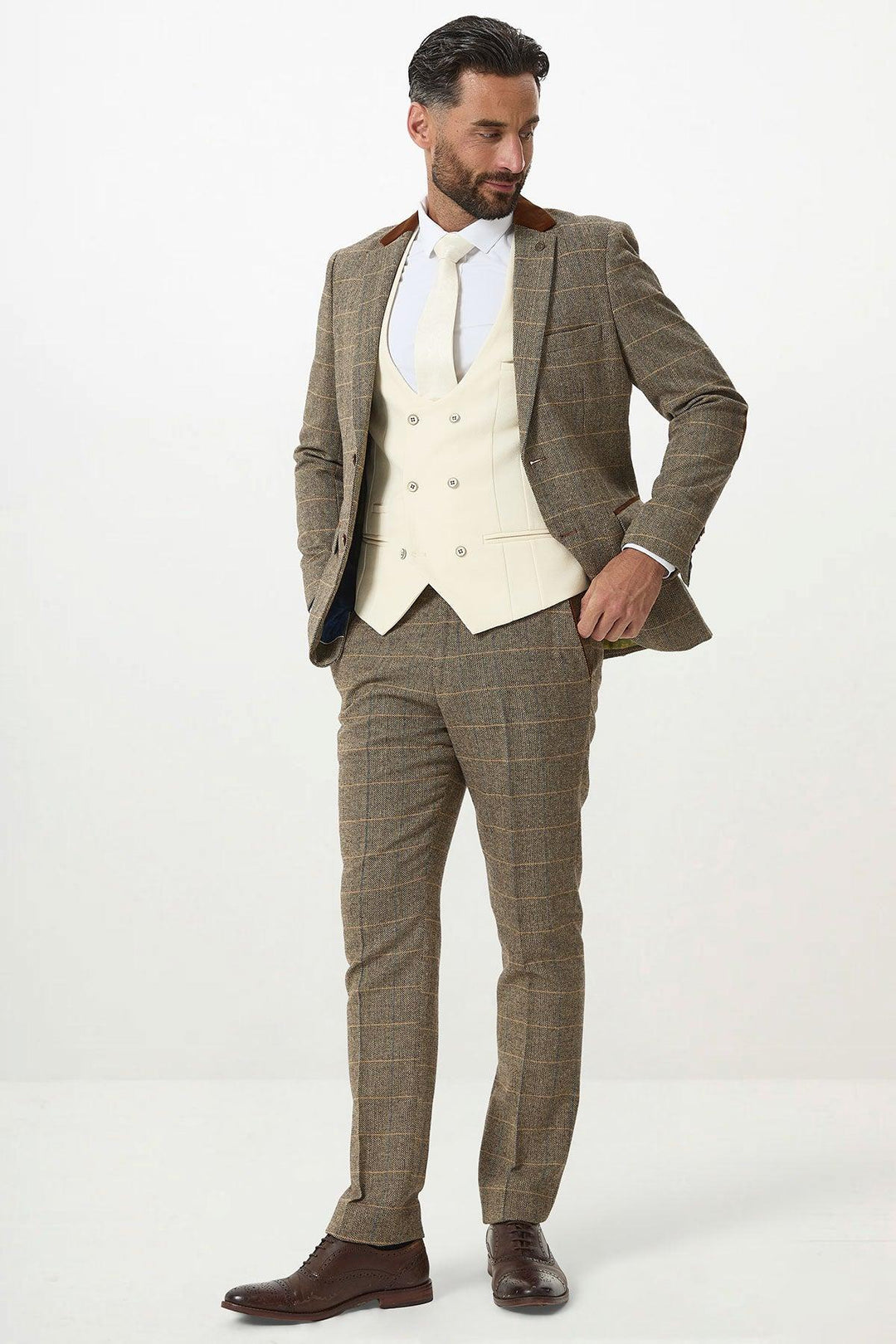 Tan Tweed Check Suit With Kelvin Cream Waistcoat – Marc Darcy