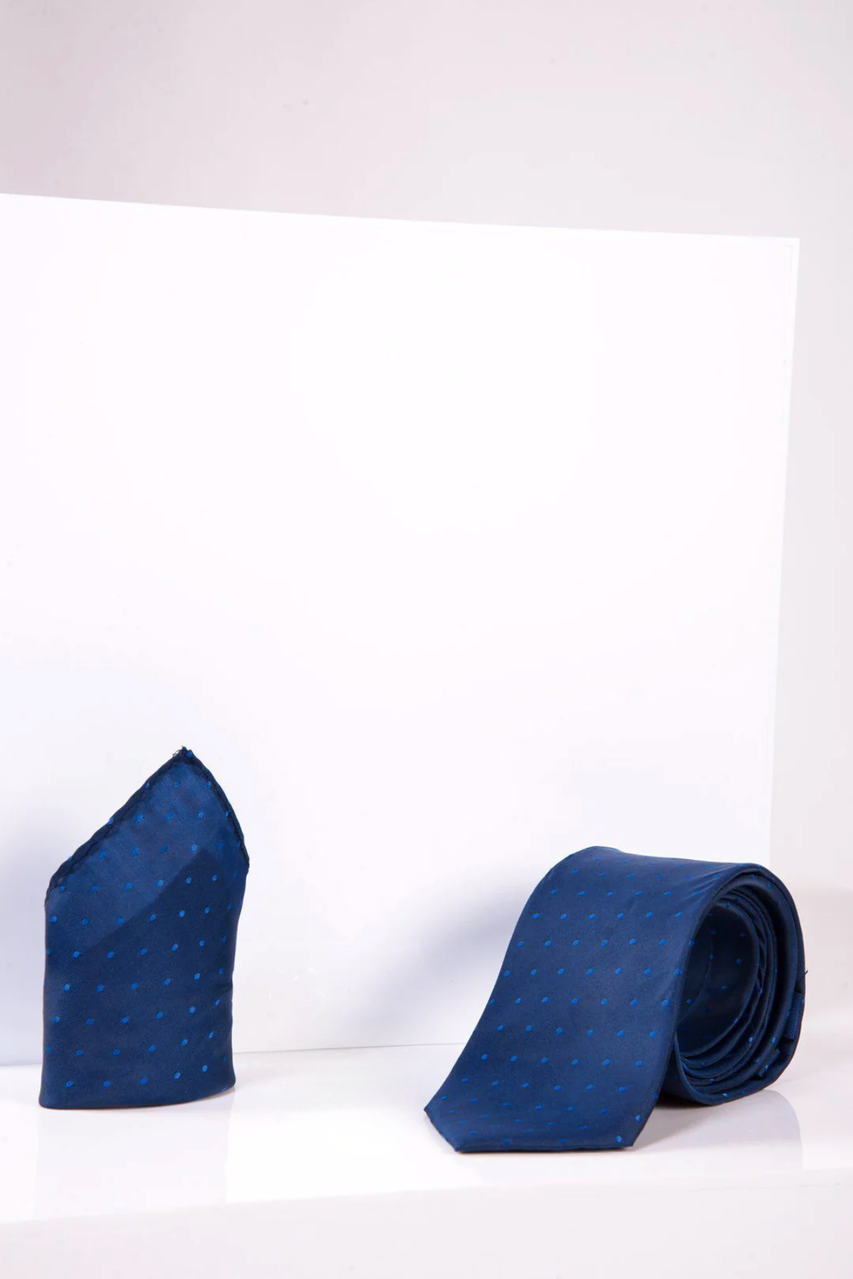 The Accessory TS POLKA DOT Blue Polka Dot Tie and Pocket Square Set features an upright pocket square and a rolled tie, both in blue with small dot patterns, displayed on a plain white background for an elegant formal look.