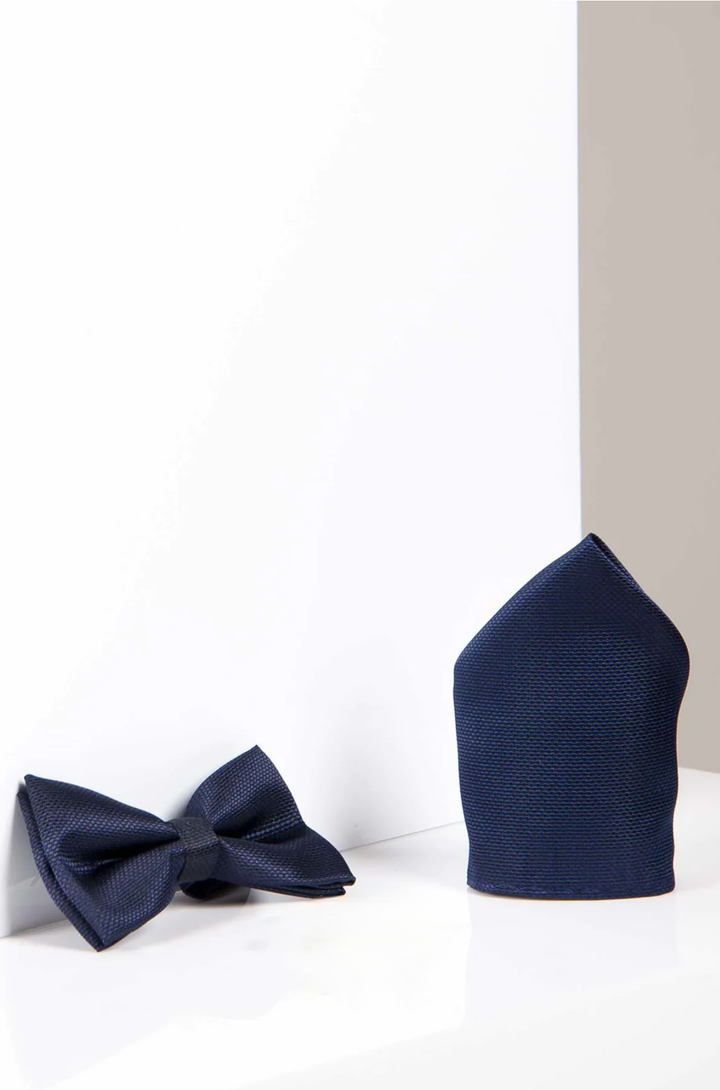 TB17 - Birdseye Print Bow Tie and Pocket Square Set In Navy