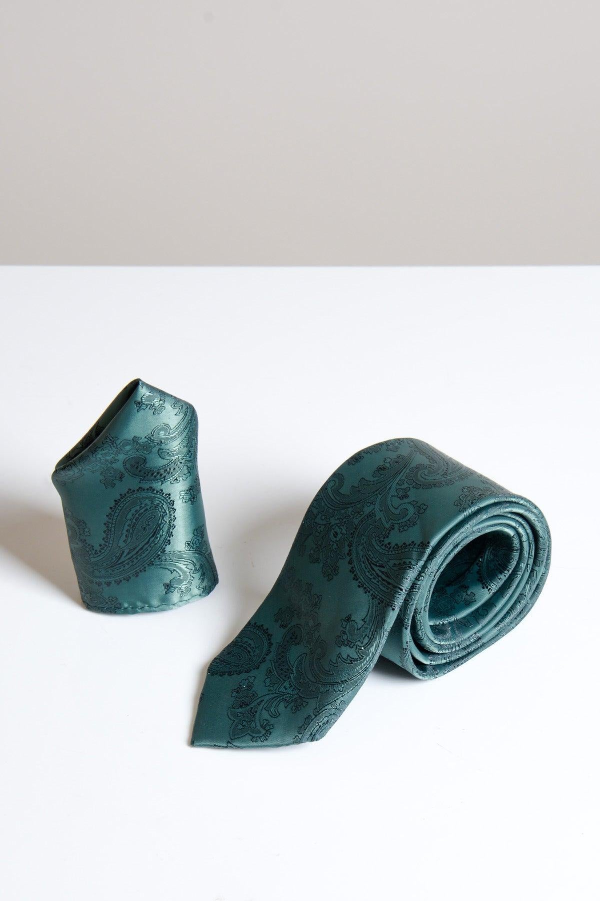 The Accessory MD PAISLEY bottle green paisley tie and pocket square set, designed for men, is displayed on a white surface.