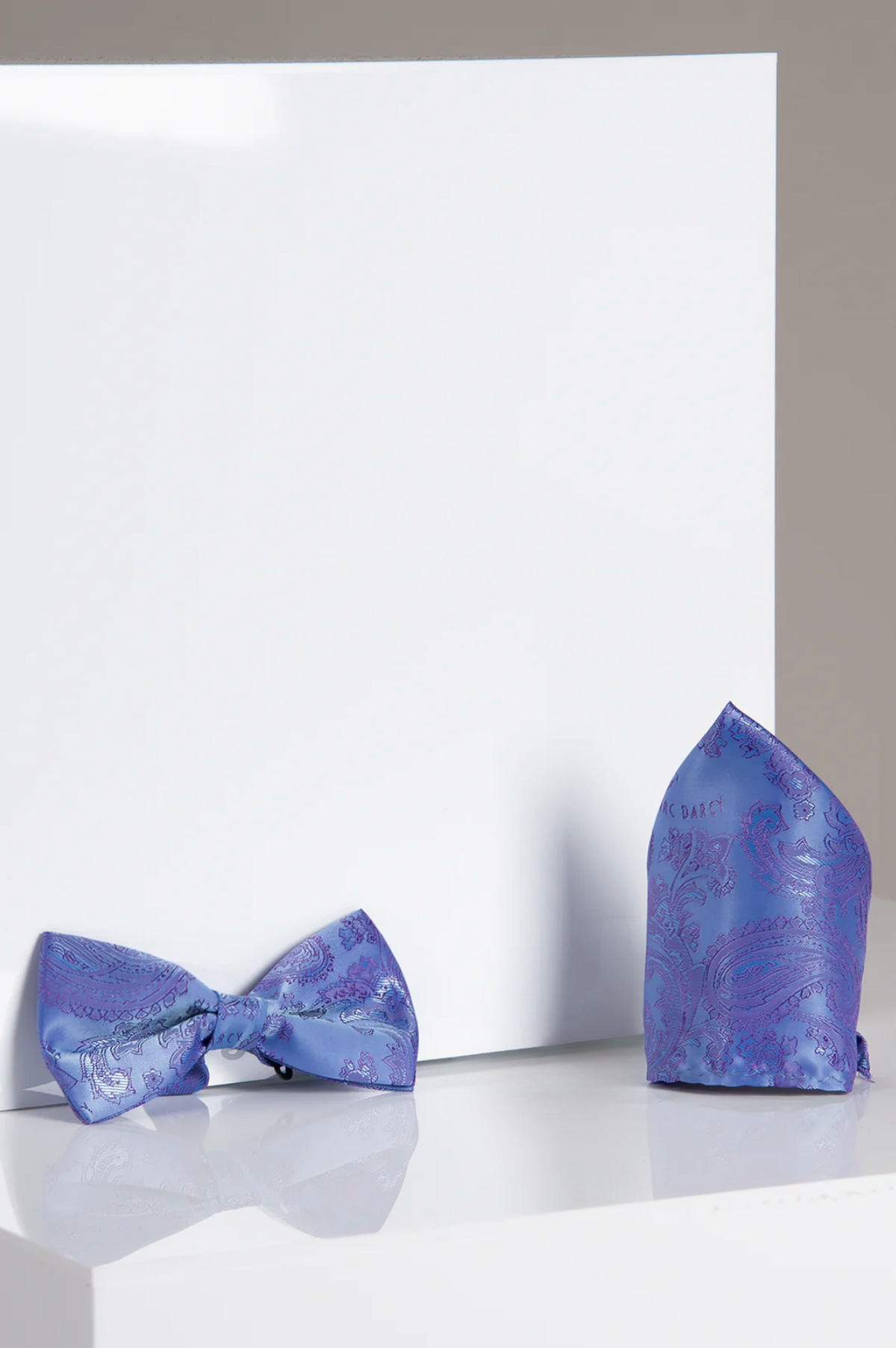 The Accessory MD PAISLEY Lilac Paisley Bow Tie and Pocket Square Set is displayed on a white surface with a white background.