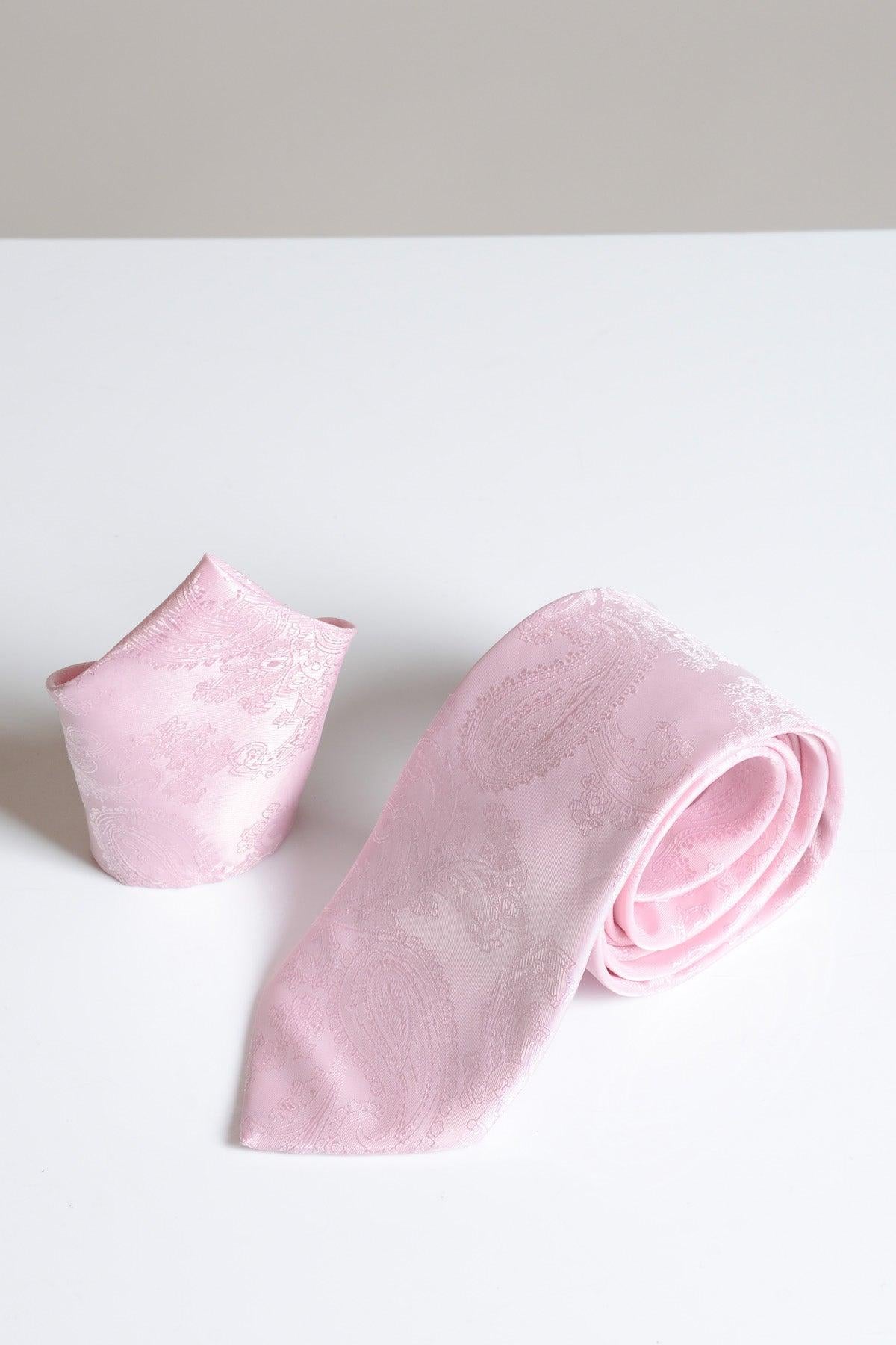The Accessory MD PAISLEY Light Pink Paisley Tie and Pocket Square Set is displayed on a white surface.