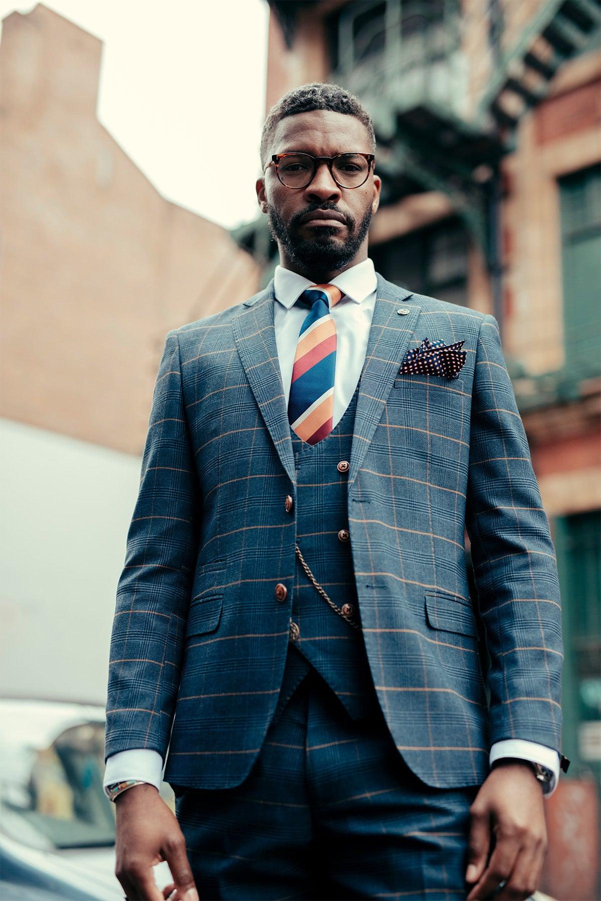 JENSON - Marine Navy Check Suit With Double Breasted Waistcoat