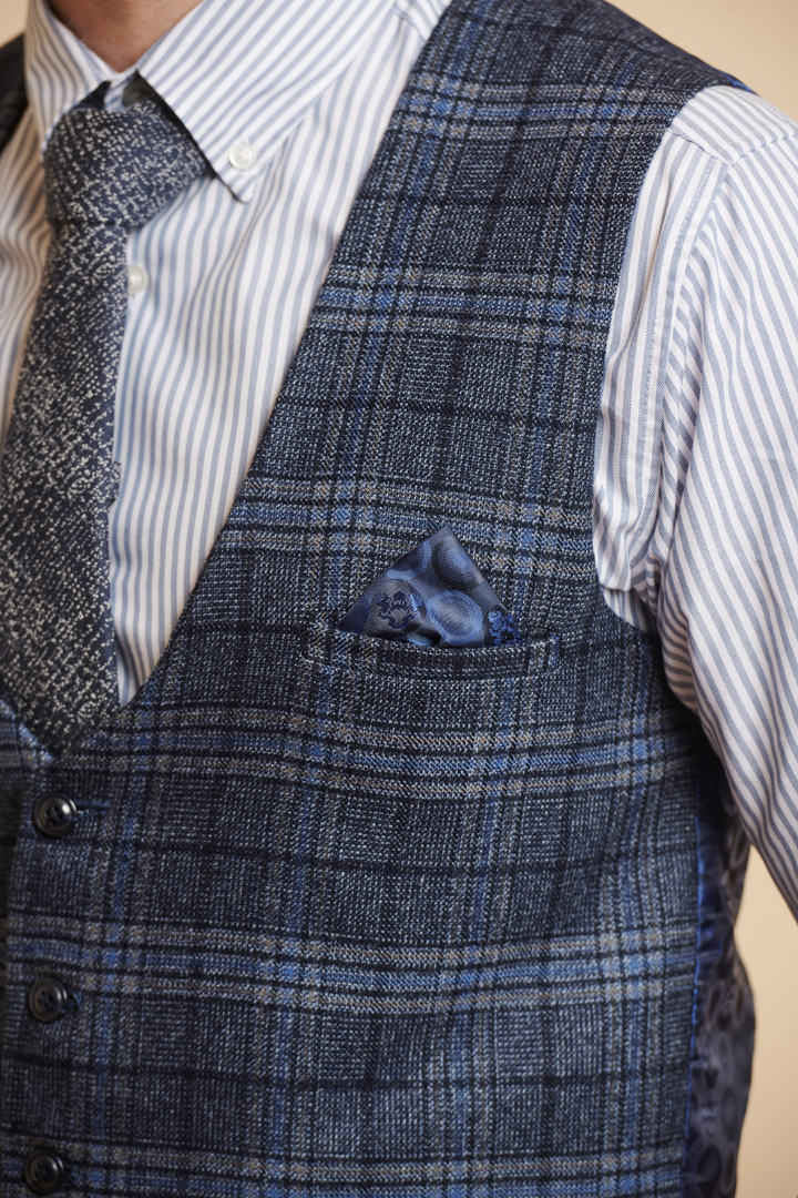 ANDY - Blue Single Breasted Check Waistcoat